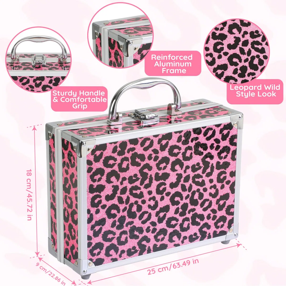 Anpro Estuche de Maquillaje Todo en Uno con Diseño Leopardo, Incluye Set de Maquillaje Profesional para Adolescentes, Pinceles, Paleta de Sombras, Regalo Ideal para Niñas - Rosa Leopardo