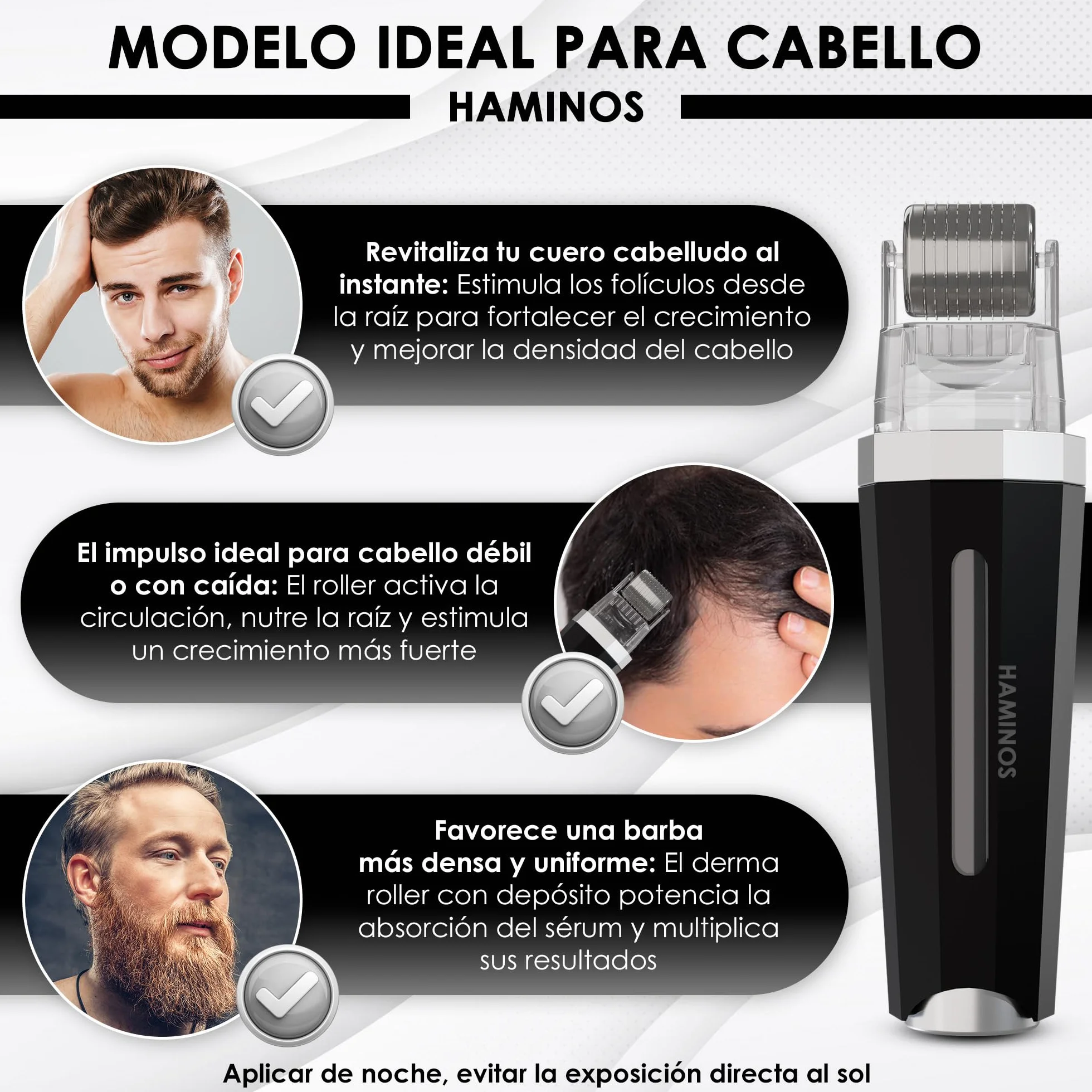 HAMINOS Derma roller 1 mm 3.0 con Depósito para Cabello, Barba, Piel, Arrugas, Estrías, Hiperpigmentación APLICACIÓN INSTANTÁNEA DEL SÉRUM, 520 Agujas de Titanio