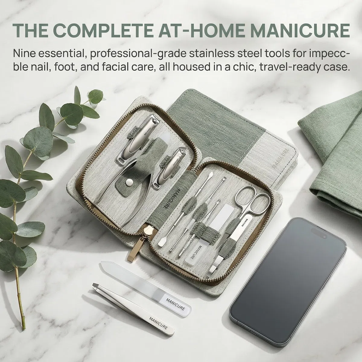 Set de Manicura 9 Piezas, Kit de Pedicura de Acero Inoxidable con Estuche, Set Profesional para el Cuidado de las Uñas con Cortaúñas, Tijeras, Lima de Vidrio para Uso Doméstico y Viajes