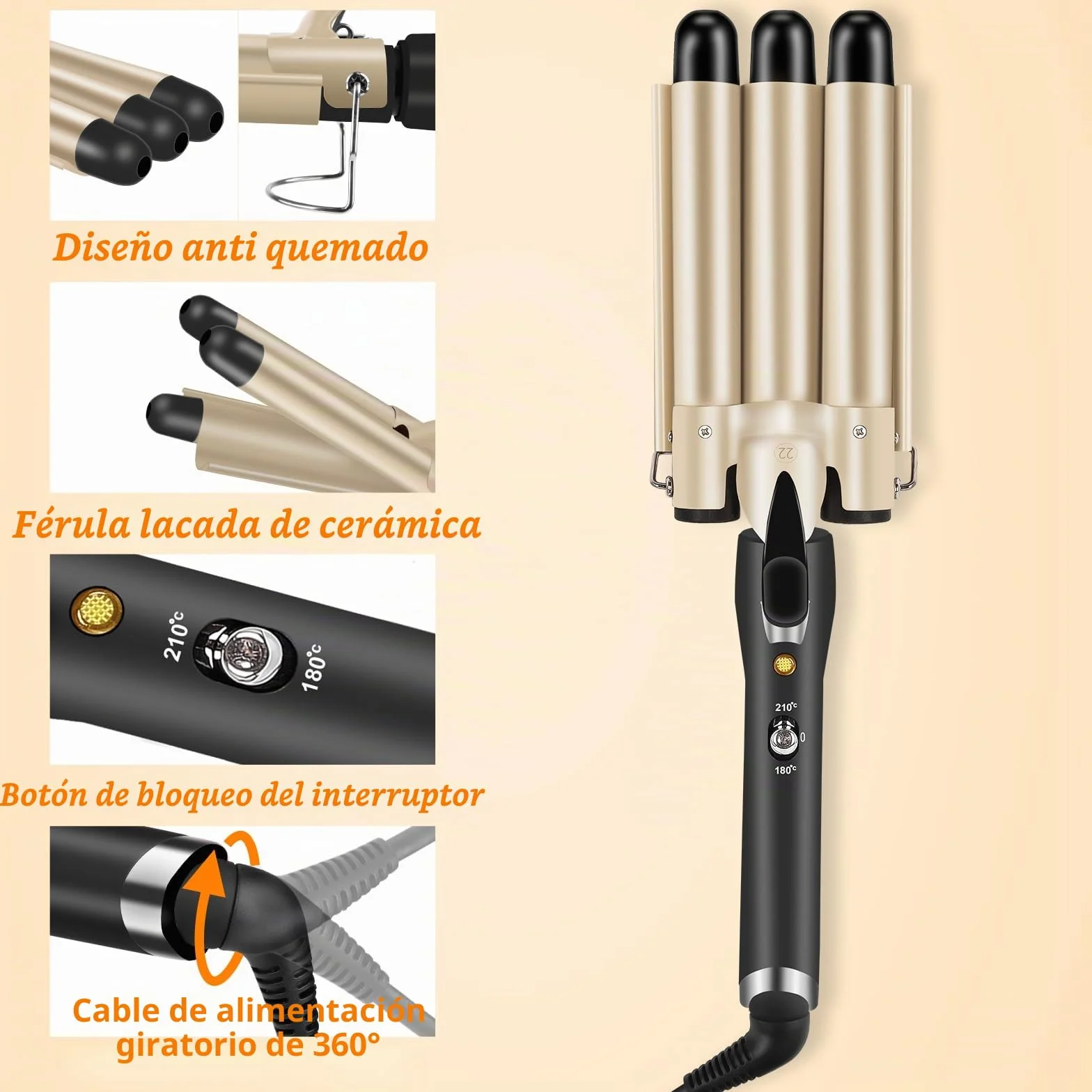 Ondulador de Pelo 3 Tubos, LAYADO Profesional Plancha Ondas de 22 mm Temperatura Ajustable 180℃-210℃ con Placas de Cerámica de Turmalina Rizador de Pelo