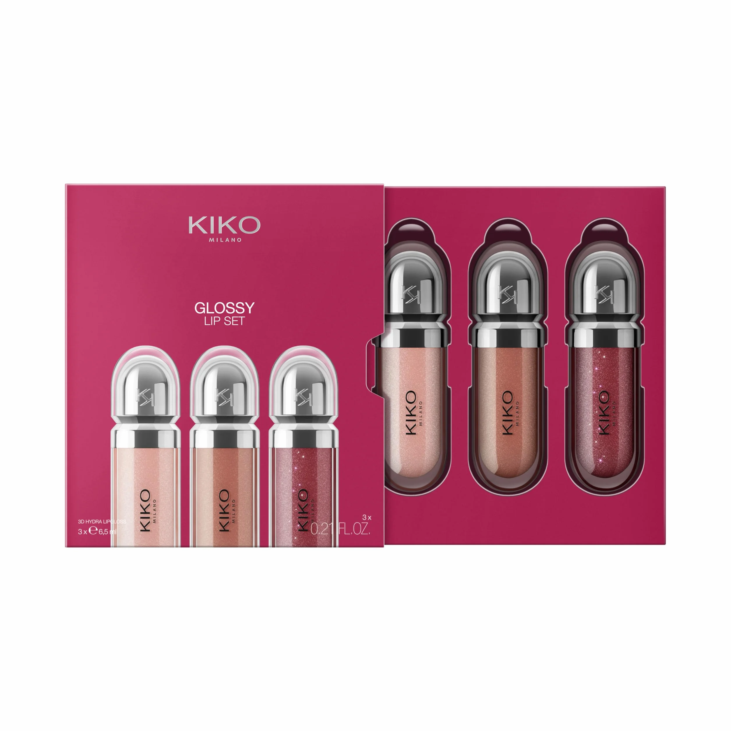 KIKO Milano Glossy Lip Set 03, Kit De Labios: 3 Brillos De Labios Hidratantes Efecto Volumen 3D