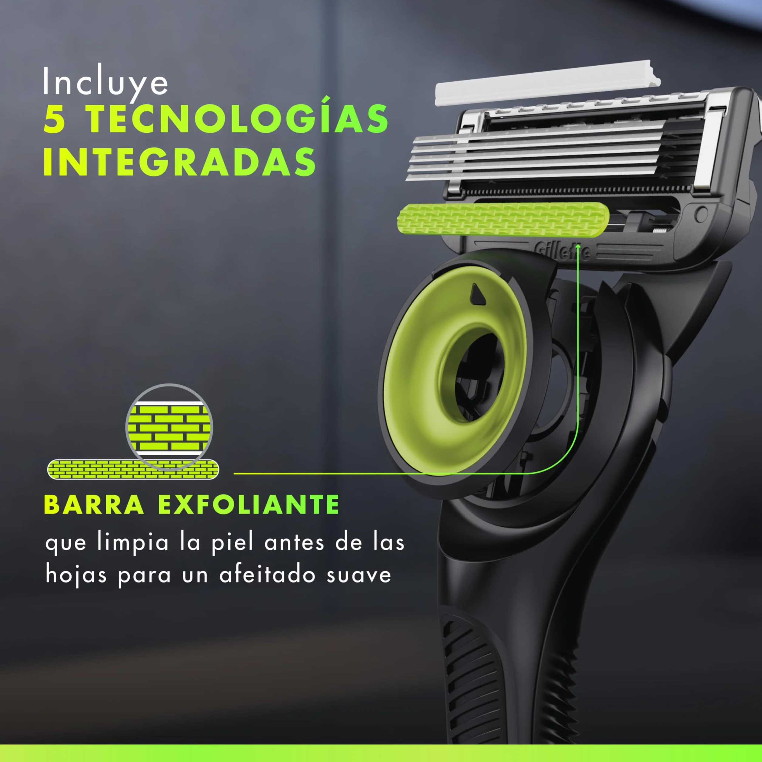 GilletteLabs Maquinilla de Afeitar Neon Night Edition con Recambios, 1 Mango de Metal con Barra Exfoliante Integrada, 8 Cuchillas con Banda Lubricante, 1 Soporte Magnético