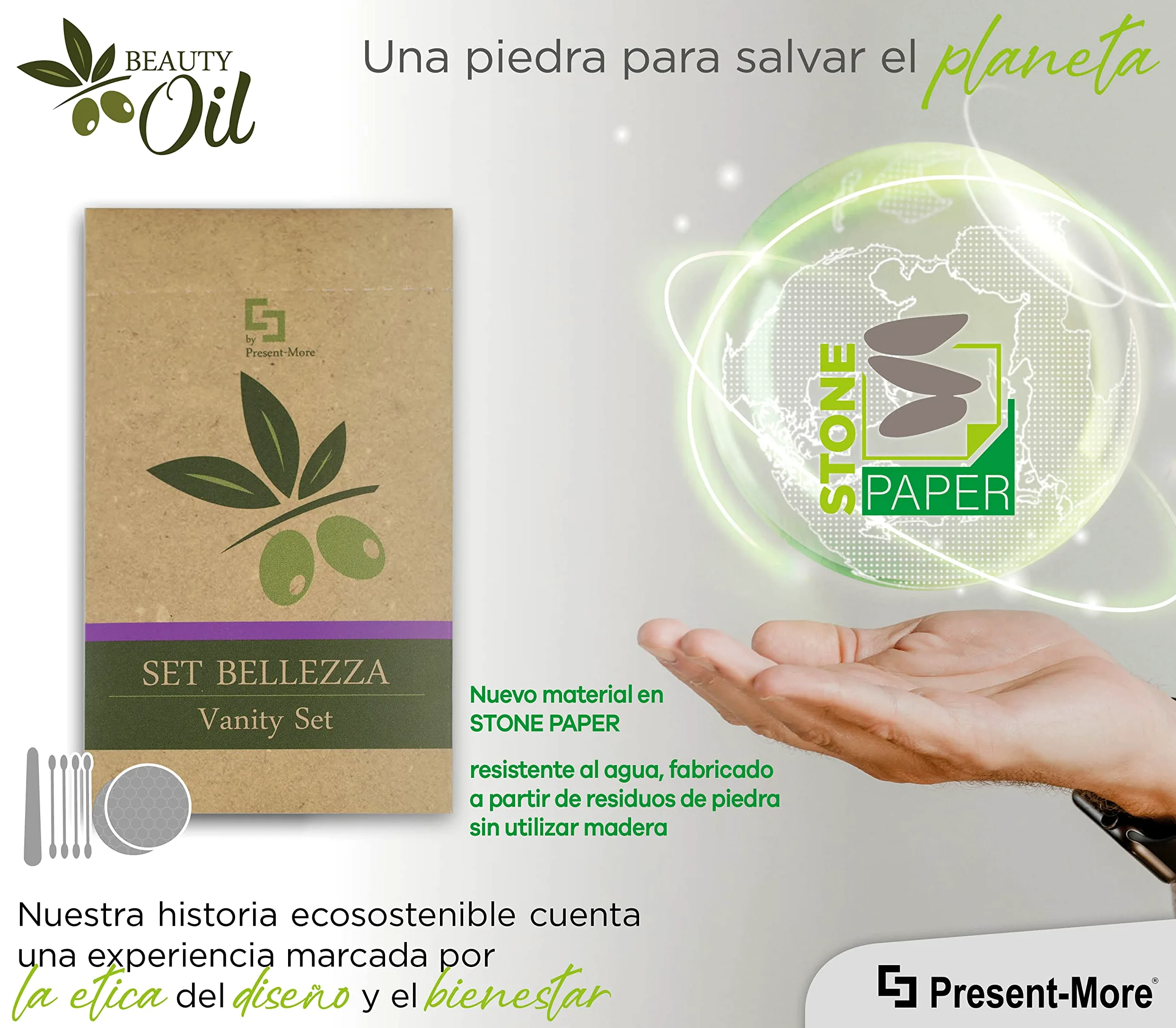 PRESENT-MORE - Vanity Set de 100 piezas - Línea Beauty Oil - Kit con discos desmaquillantes, lima para uñas y algodón Fioc - Embalaje ecológico de Stone Paper - Ideal para hoteles y B&B