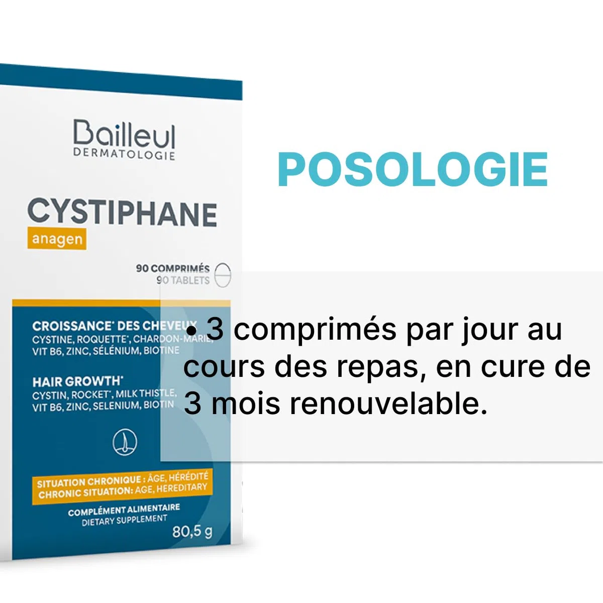 Bailleul | Cystiphane Anagen | Complemento alimenticio para el cabello | Favorece el crecimiento y la resistencia del cabello | Caída crónica del cabello | Cistina – Vitamina B6 | 3 x 90 comprimidos