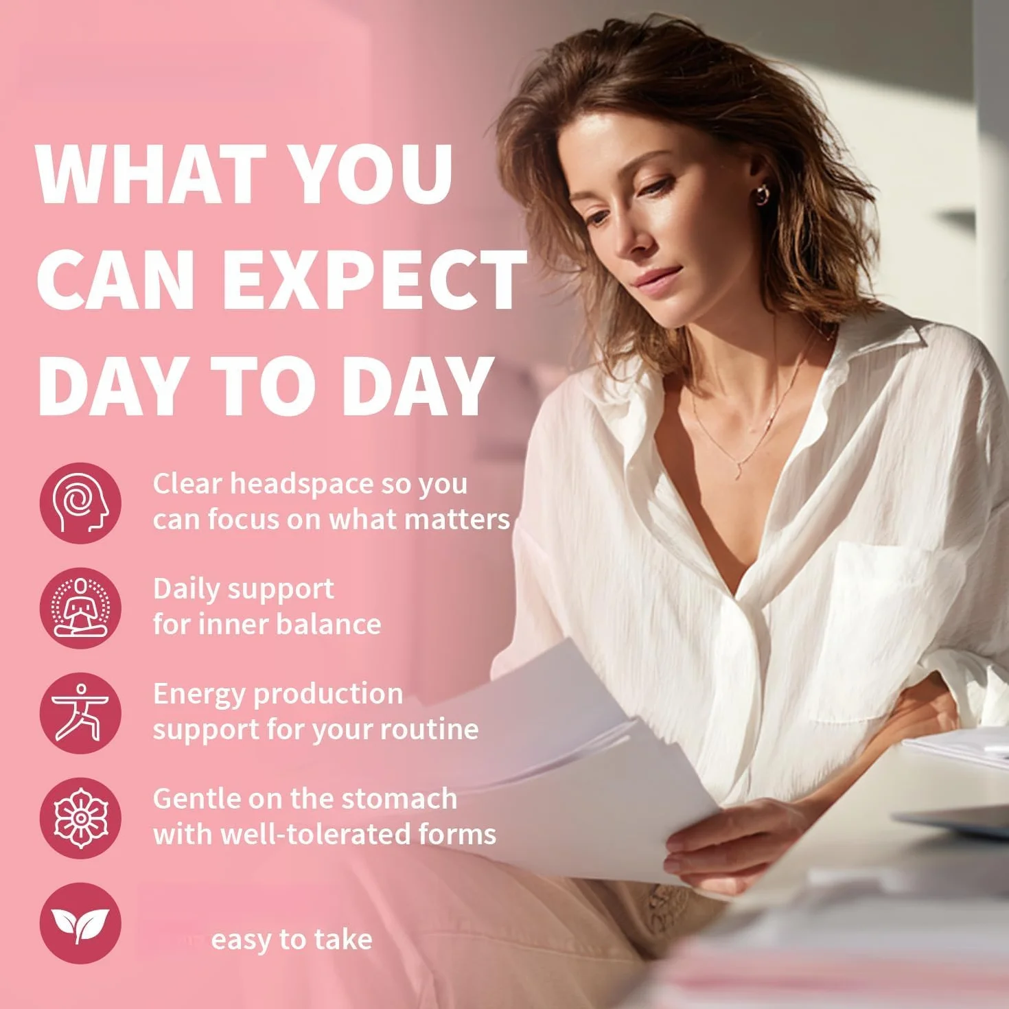 Complejo de mioinositol, ayuda a aliviar el estado de ánimo y el estrés, promover el equilibrio, favorecer un sueño saludable y aumentar la energía y la vitalidad.