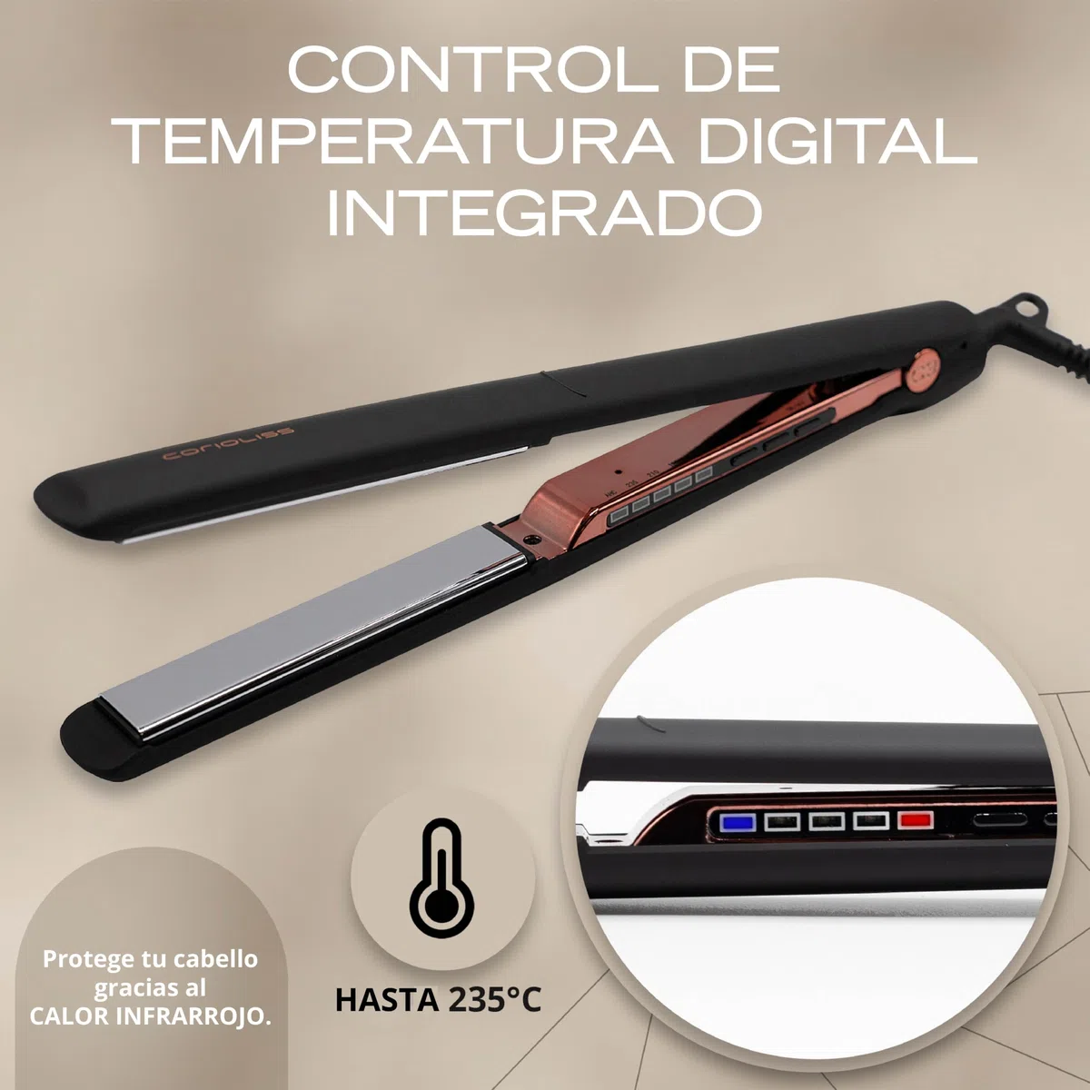 Corioliss C3 | Plancha del pelo Profesional | Placas extralargas de titanio | Alisado y Ondas | Temperatura ajustable 135º-235º | Calentamiento 20 seg | Con funda de Viaje | Black Copper
