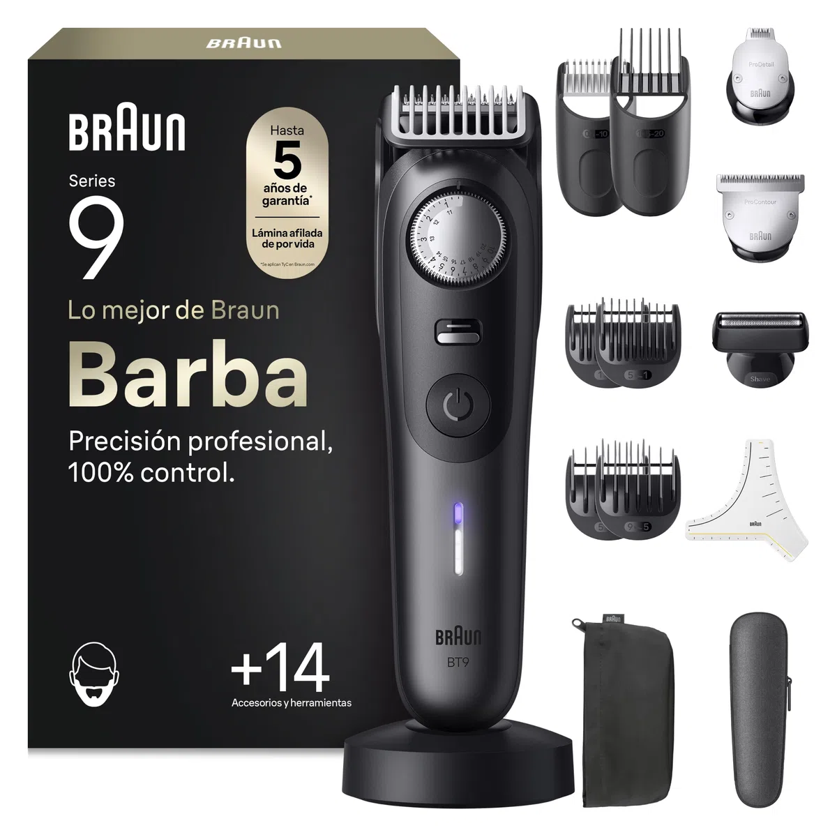 Braun Recortadora de Barba Series 9 BT9565, Titanio - Barbero Recargable Resistente al Agua, +14 Accesorios para Barba, 180 Min de Autonomía, 52 Longitudes, Lámina Ultra Afilada