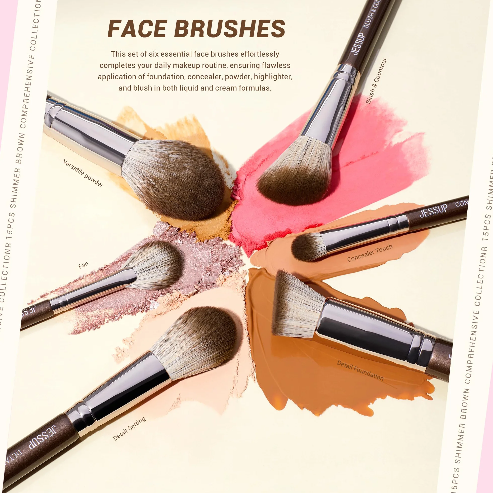 Jessup Brochas de Maquillaje Marrón 15Pzs Set Brochas Maquillaje Profesional Pincele para Base en Polvo,Corrector,Cejas,Sombra de Ojos, Contorno,Delineador de Ojos,Pinceles Mezclar,T498