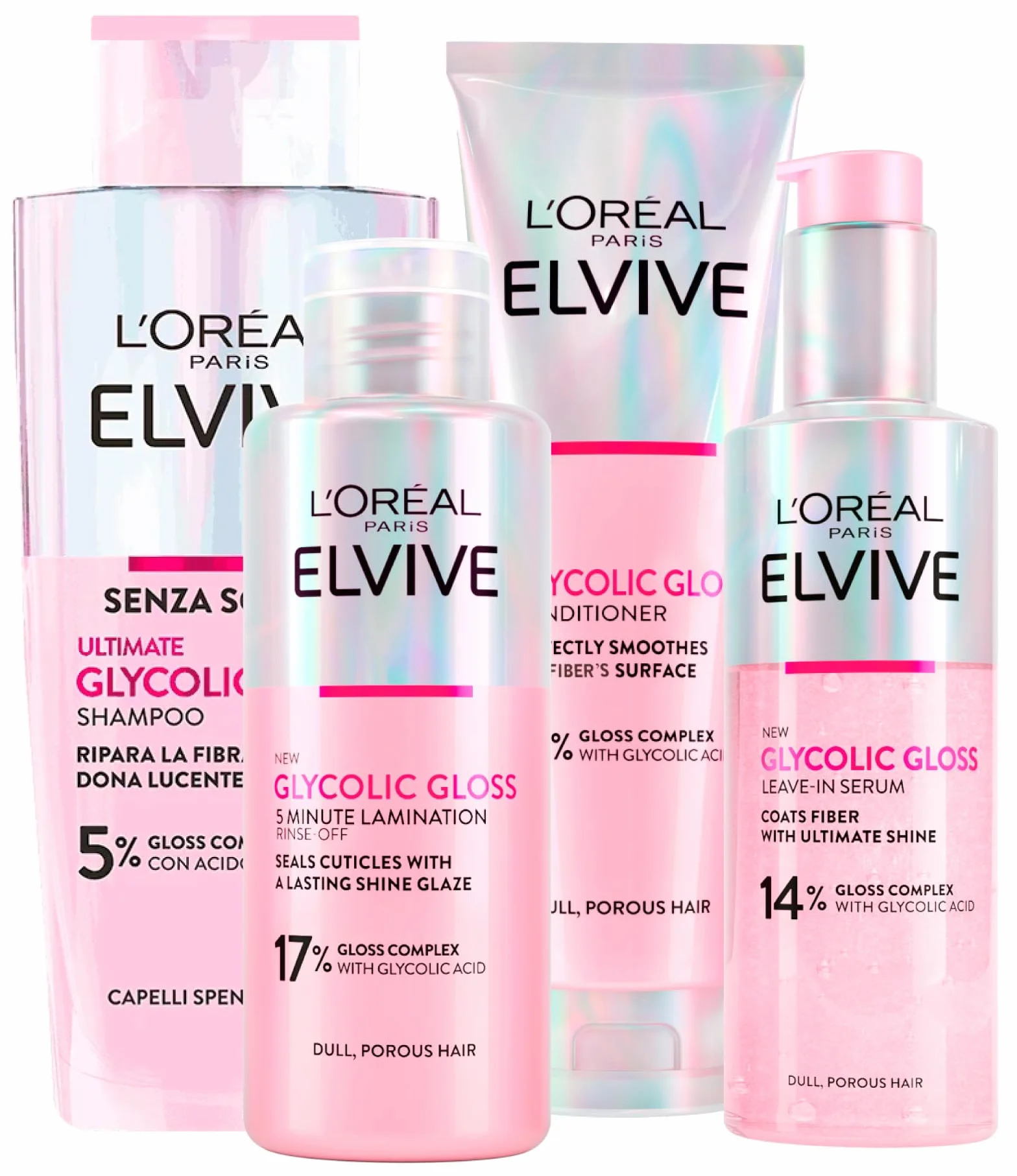 L'Oréal Paris Elvive Glycolic Gloss Acondicionador 150ml + Champú 200ml + Suero Sin Enjuague 150ml + Tratamiento de Laminación de 5 Minutos 200ml para Cabello Opaco y Poroso - 4 Botellas