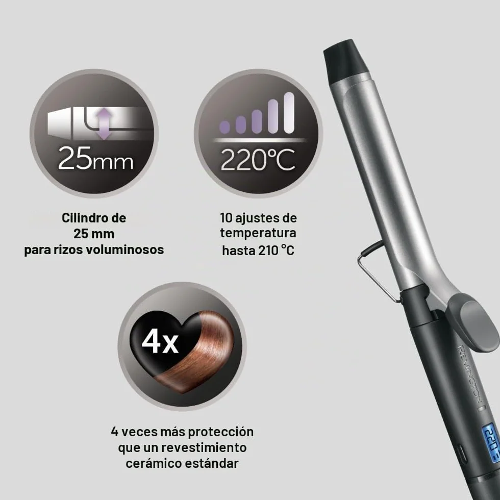 Remington Rizador y Ondulador de Pelo Pro Soft Curl, con Pinza de 25 mm, Crea Rizos Suaves y Sueltos, Cerámica con Titanio, Turmalina, Protección y Brillo, 10 Temperaturas hasta 220°C