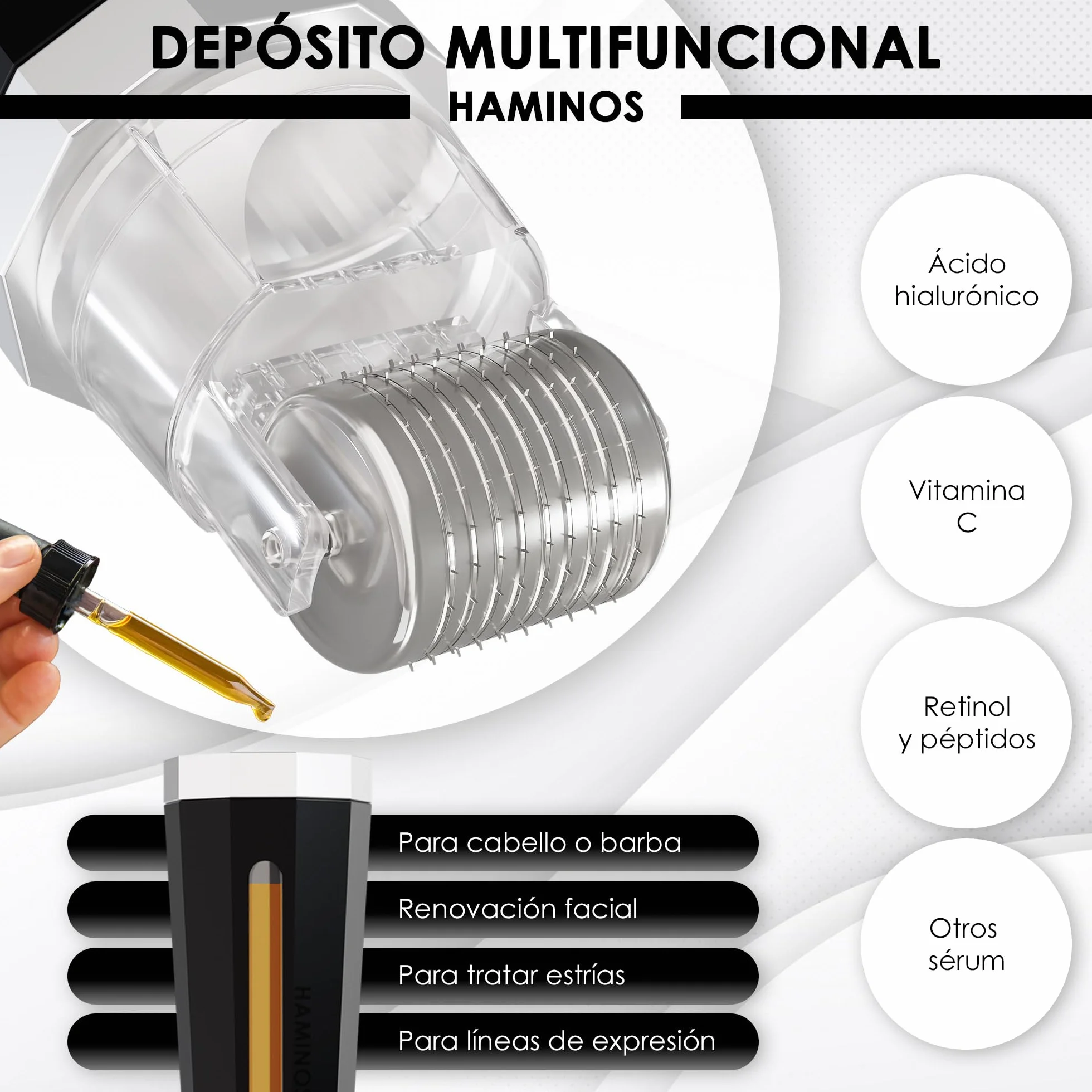 HAMINOS Derma roller 1 mm 3.0 con Depósito para Cabello, Barba, Piel, Arrugas, Estrías, Hiperpigmentación APLICACIÓN INSTANTÁNEA DEL SÉRUM, 520 Agujas de Titanio