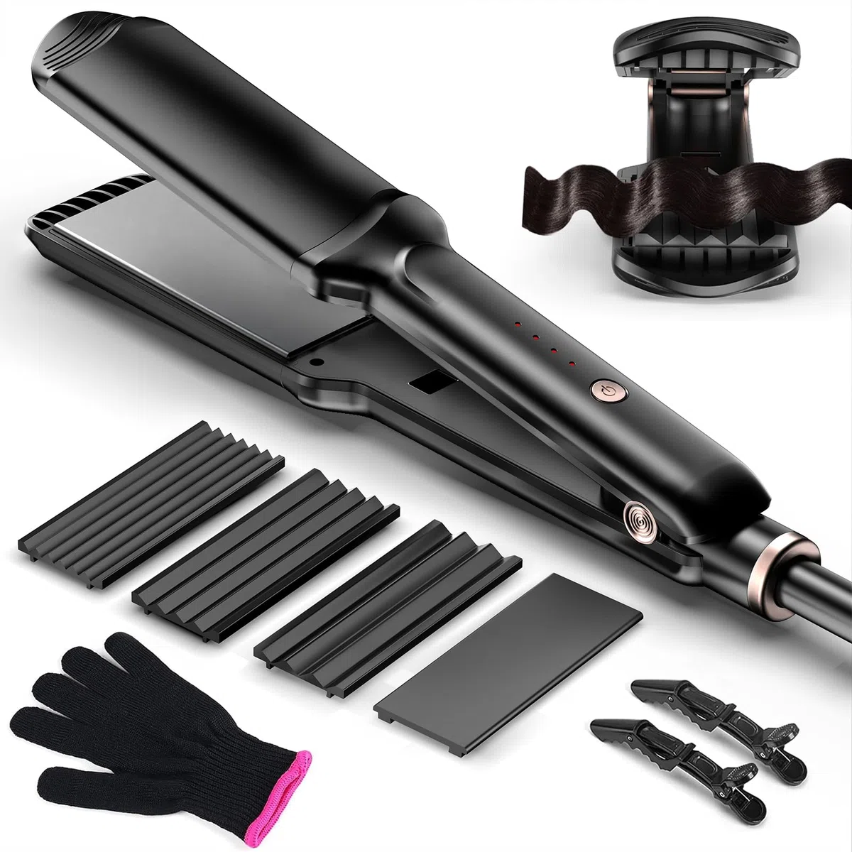 Plancha de crimpar, Beach Waves Plancha Ondas para Grandes Rizos con 4 Placas Intercambiables de CeráMica Rulos Ondulados Instantáneos Hair Straightener Fast Heating for All Hair Types