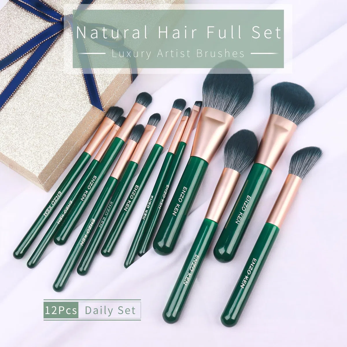 ENZO KEN Juego de Brochas de Maquillaje de Fibra Natural y Pelo de Cabra Professional, Set de Brochas de Maquillaje para Pelo Combinado con Bolso de Mano, Brochas Verde de Pelo Natural.