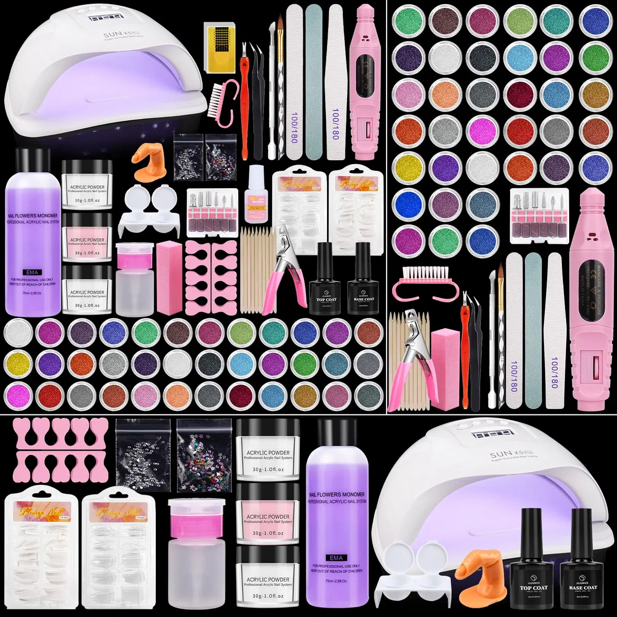 Yokilly Acrilico Para Uñas: Kit Uñas Semipermanentes Completo Con 80W UV LED Lámpara Limador De Uñas Electrico - Kit Uñas Acrilicas Con 3 Color 30G Polvo Acrilico Para Uñas