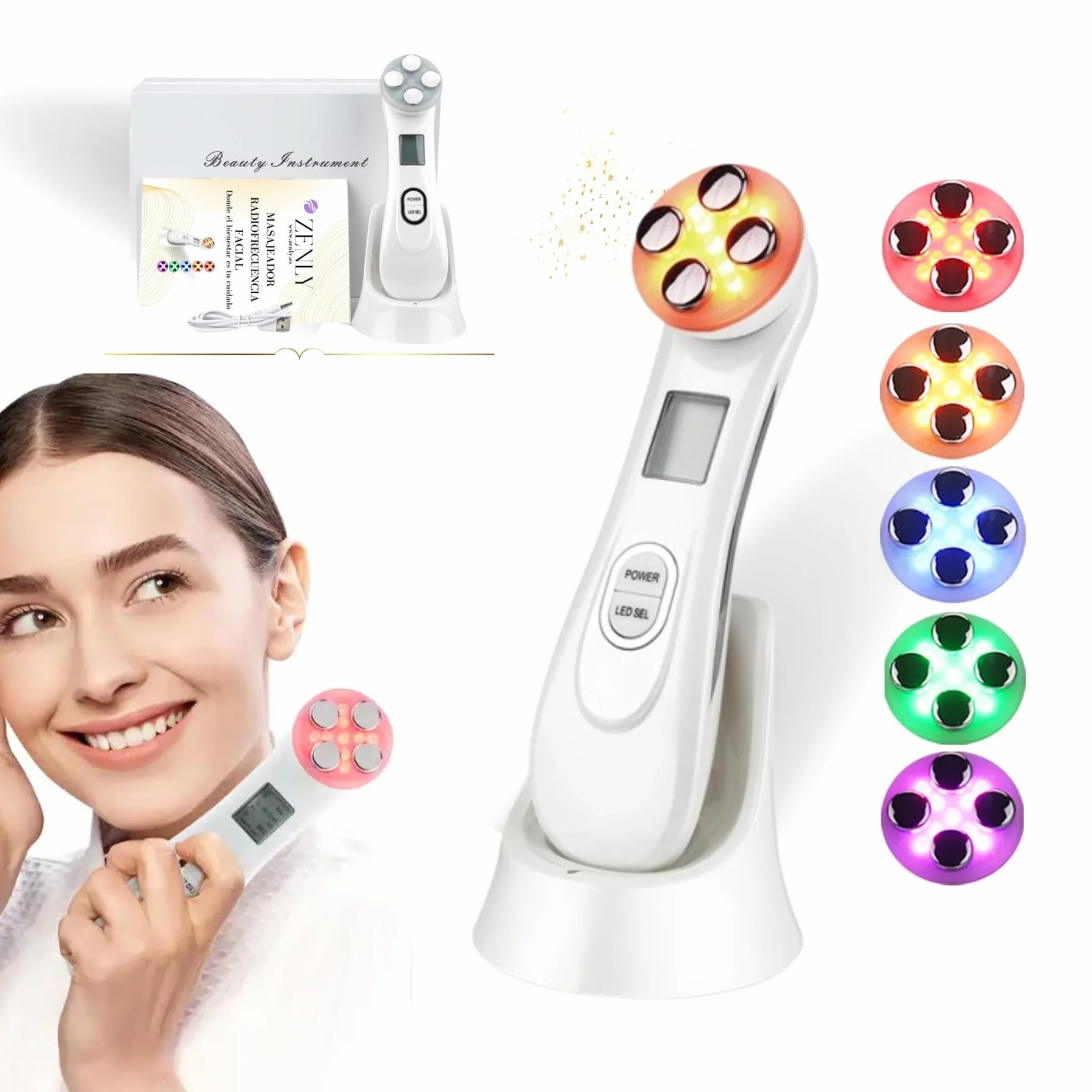 ZENLY Masajeador Radiofrecuencia Facial Multifuncional Profesional 6 en 1 - Tratamiento Antiarrugas, Lifting, Limpieza Profunda con Tecnología EMS y Luz LED para Piel Radiante, Rejuvenece y Tonifica
