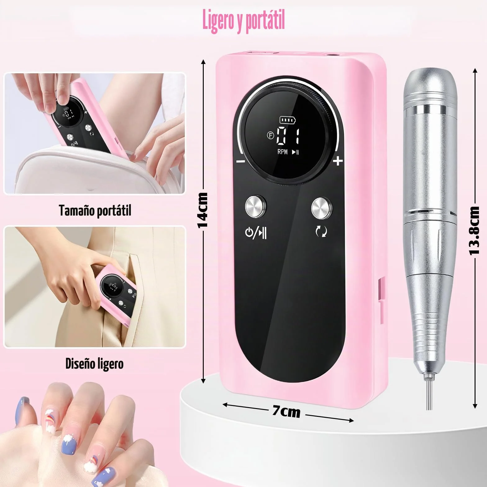 Torno Para Uñas Profesional 45000 Rpm, 12 En 1 Lima Uñas Electrica, Con Velocidad Ajustable, Recargable, Portátil, Para Uña De Gel Y Acrílicas, Manicura Y Pedicura,Salón Y Uso Doméstico