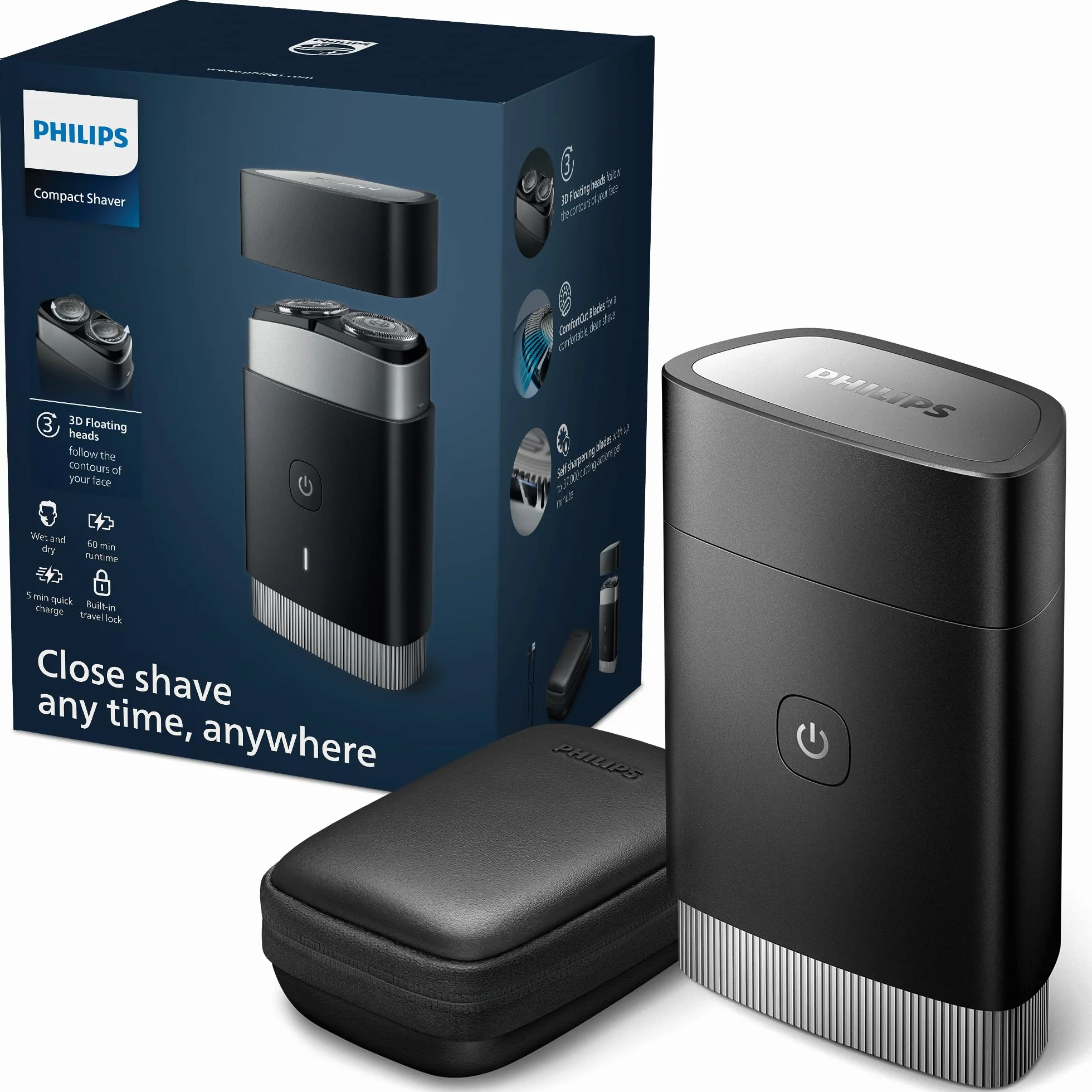 Philips Afeitadora Portátil, Afeitadora Eléctrica en Seco y Húmedo de Viaje para hombre, Sistema de Cuchillas ComfortCut, Cabezales flotantes 3D, Diseño compacto, Batería potente, Modelo PQ888/06