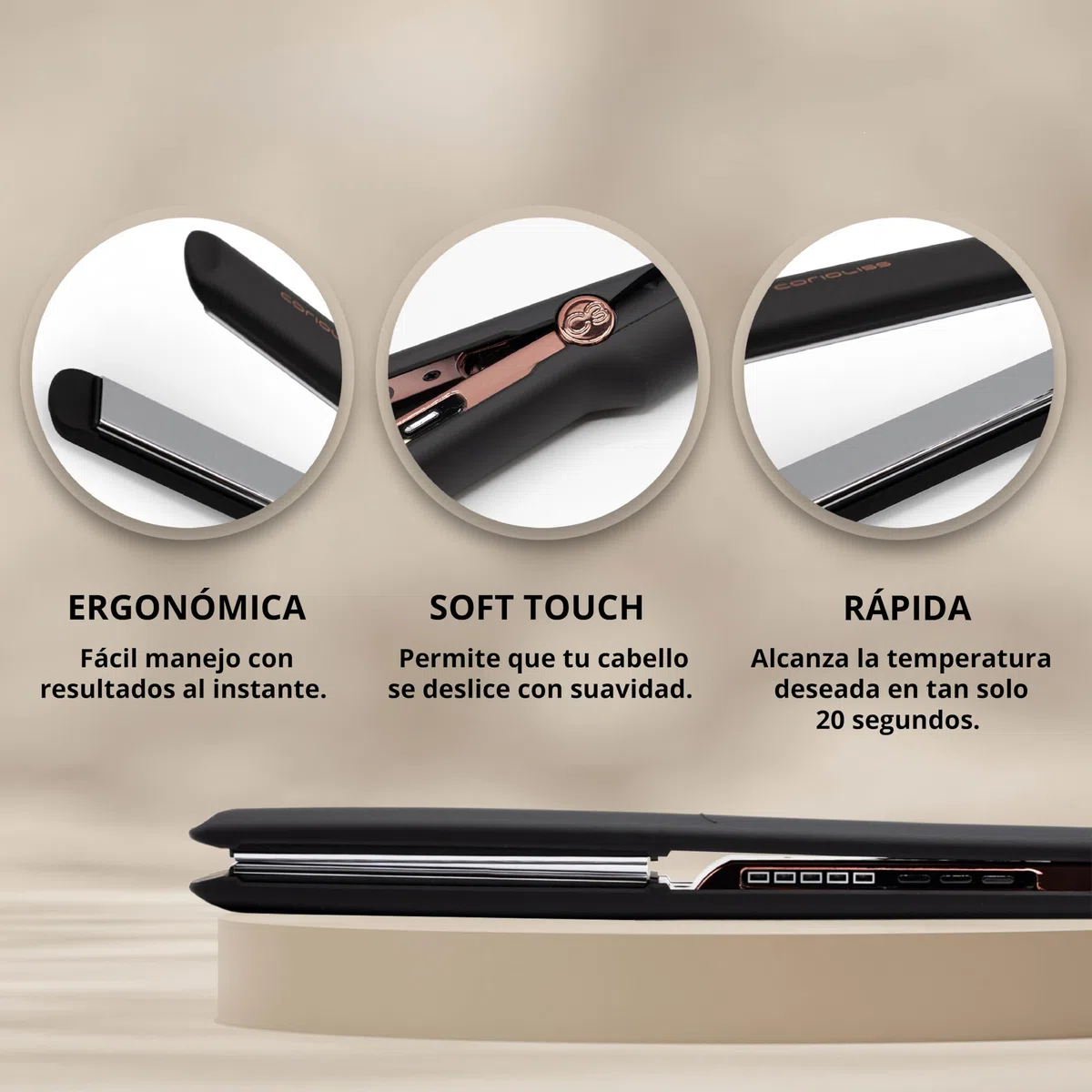 Corioliss C3 | Plancha del pelo Profesional | Placas extralargas de titanio | Alisado y Ondas | Temperatura ajustable 135º-235º | Calentamiento 20 seg | Con funda de Viaje | Black Copper