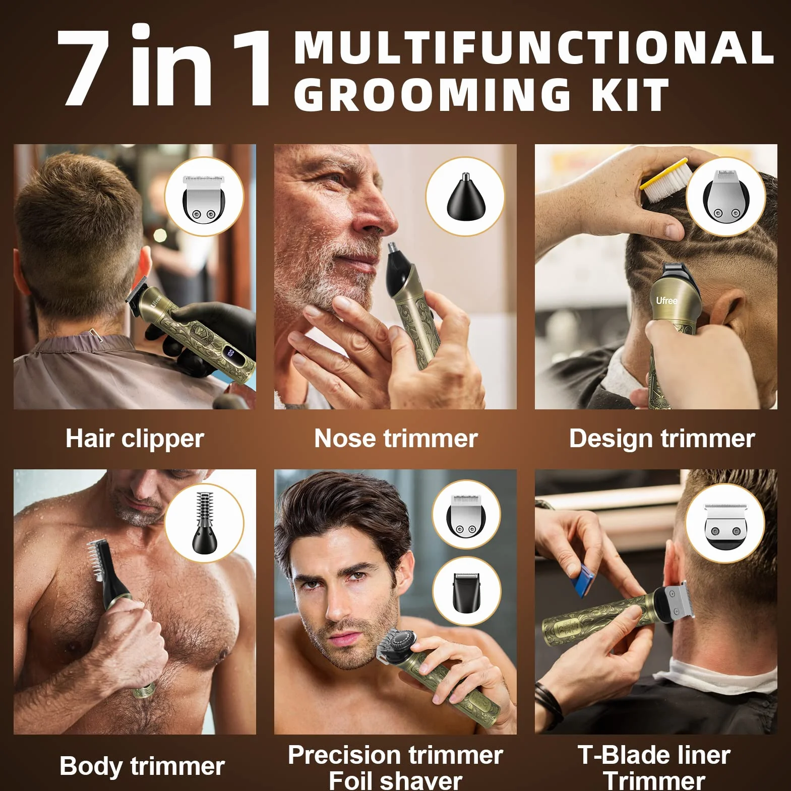 Ufree Recortadora de barba para hombres, afeitadora eléctrica, kit de afeitado inalámbrico para bigote, cuerpo, nariz, oreja, vello facial, kit de aseo de barba ajustable, regalos de cumpleaños para
