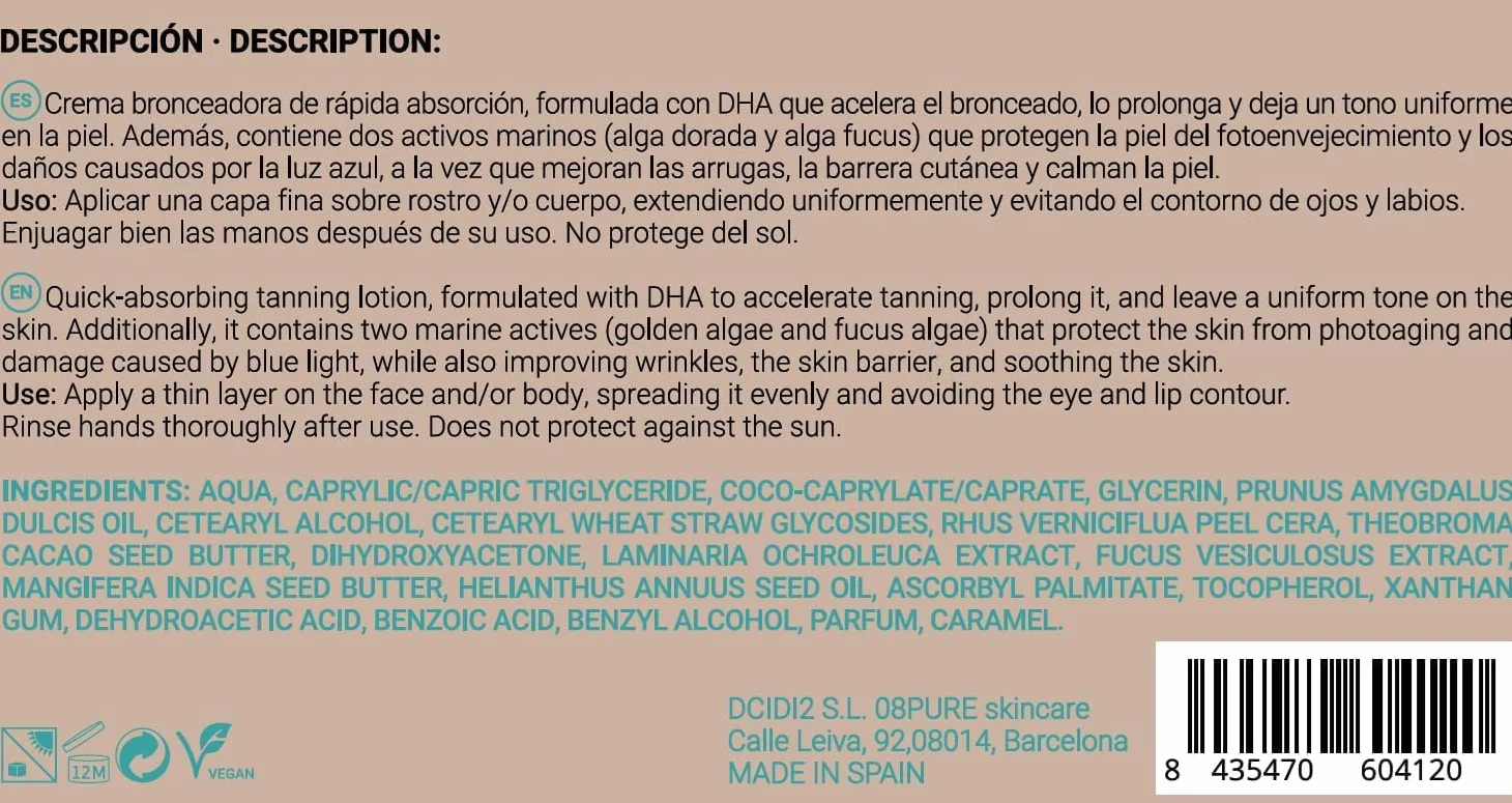 08PURE Skincare Marine Shimmer, Crema Bronceadora Sublime con DHA, Activos Marinos, Absorción Rápida, Tono Uniforme, 200ml