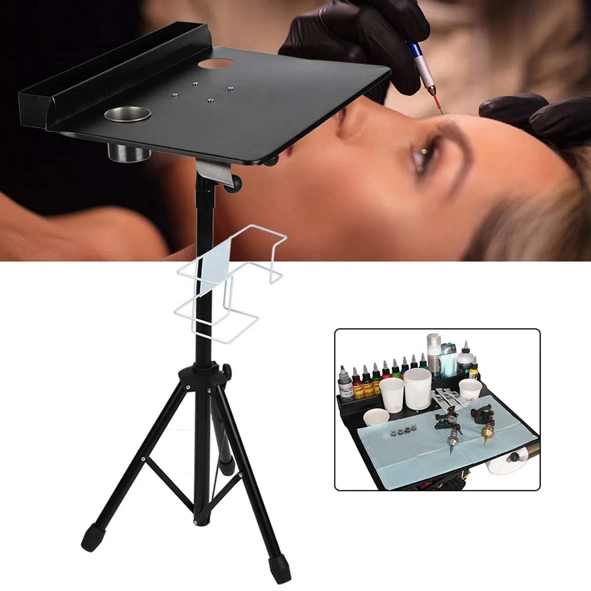 Mesa de Escritorio para Tatuajes Ajustable Portátil, Base de Trípode Resistente, Caja de Colocación de Pigmentos Independiente, con Bandeja Trasera Extraíble para Uso Profesional