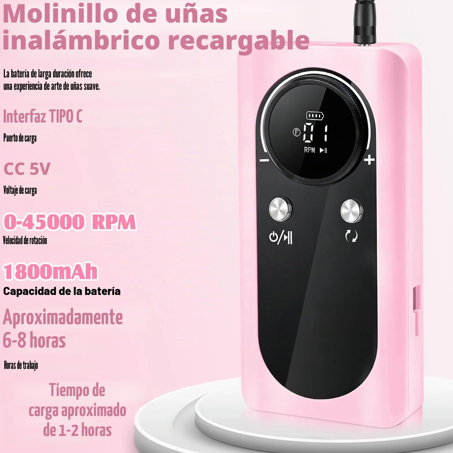 Torno Para Uñas Profesional 45000 Rpm, 12 En 1 Lima Uñas Electrica, Con Velocidad Ajustable, Recargable, Portátil, Para Uña De Gel Y Acrílicas, Manicura Y Pedicura,Salón Y Uso Doméstico