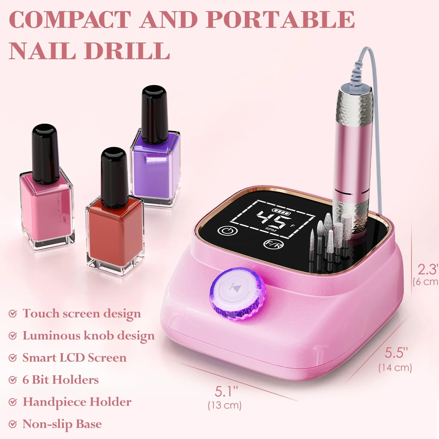 45,000 RPM Torno para Uñas Eléctricos, Lima Electrica Uñas Profesional, Pedicura, Pulido y Eliminación de gel de Uñas Acrílicas, para Uso Doméstico Salones de Uñas, Rosa