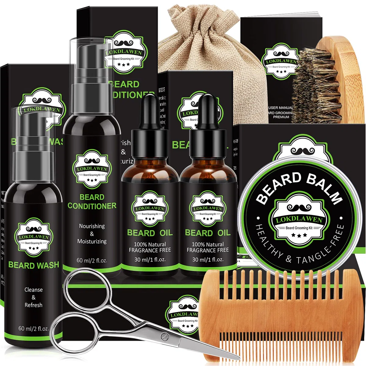 Kit de barba para hombres, Día del Padre, regalos para papá con lavado de barba, acondicionador de barba, aceite de barba, bálsamo para barba, cepillo, peine, tijeras, bolsa de