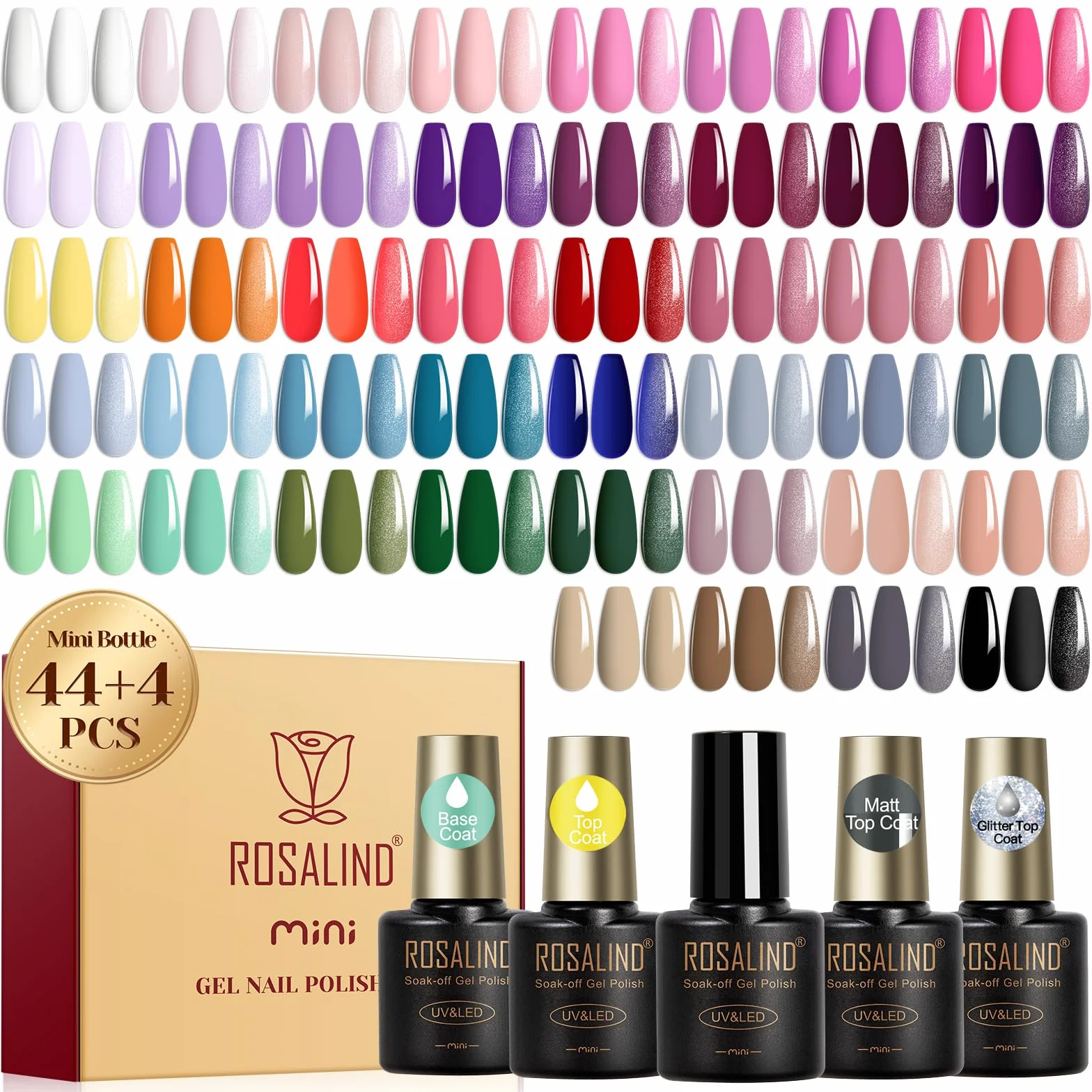 ROSALIND Esmaltes Semipermanentes Para Uñas, 48 Piezas Blanco Rosa Morado Amarillo Naranja Rojo Colores Esmaltes Semipermanente Azul Verde Marrón, UV/LED Mini Pintauñas Semipermanentes Nail Art Regalo