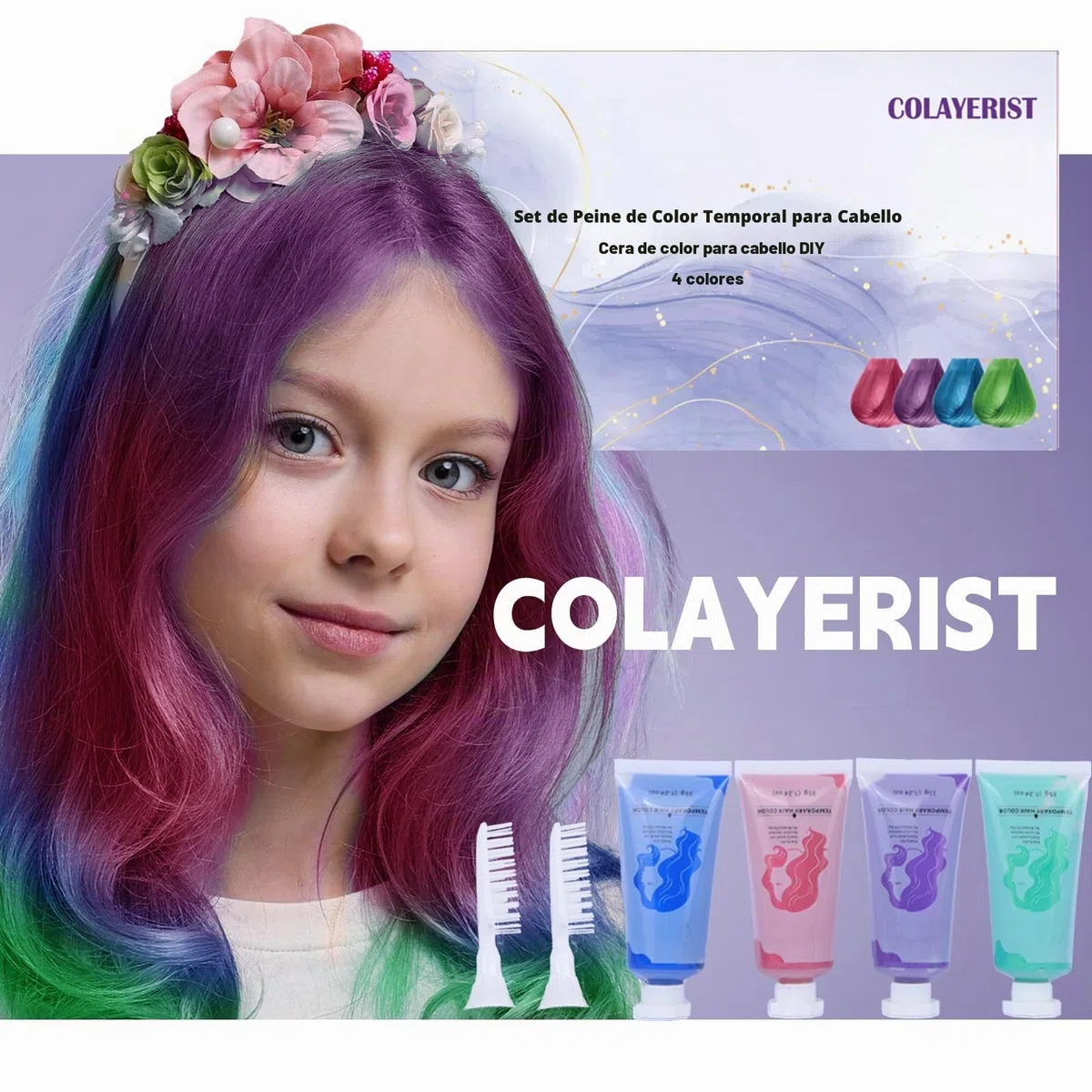 Cera de color para el cabello para niñas, 4 piezas de tinte temporal para el cabello en verde, azul, rosa, morado, kit de tiza lavable para niños y adultos, gran regalo para cumpleaños de
