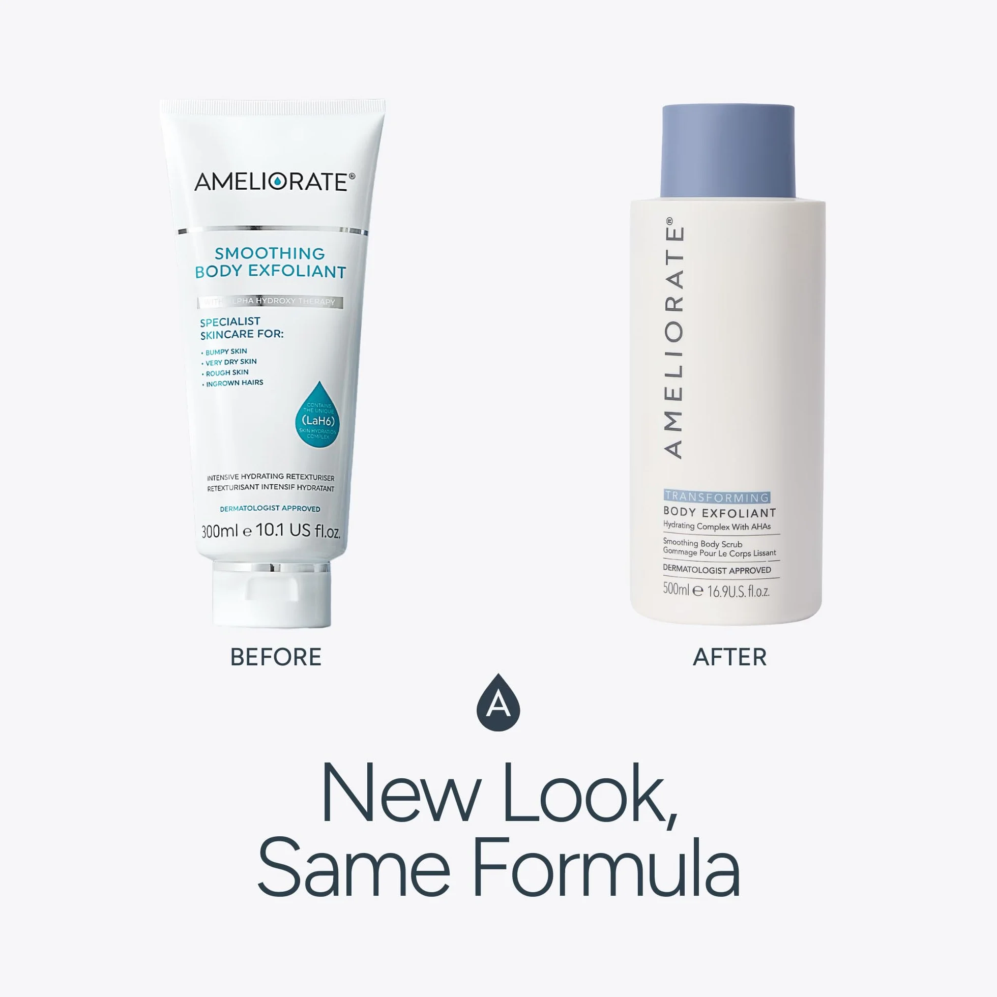 AMELIORATE Transforming Body Exfoliant 500ml for Keratosis Pilaris (KP), Bumpy & Dry Skin | Dual-Action AHA & Bamboo Scrub | Hydrating & Smoothing | Dermatologist Approved