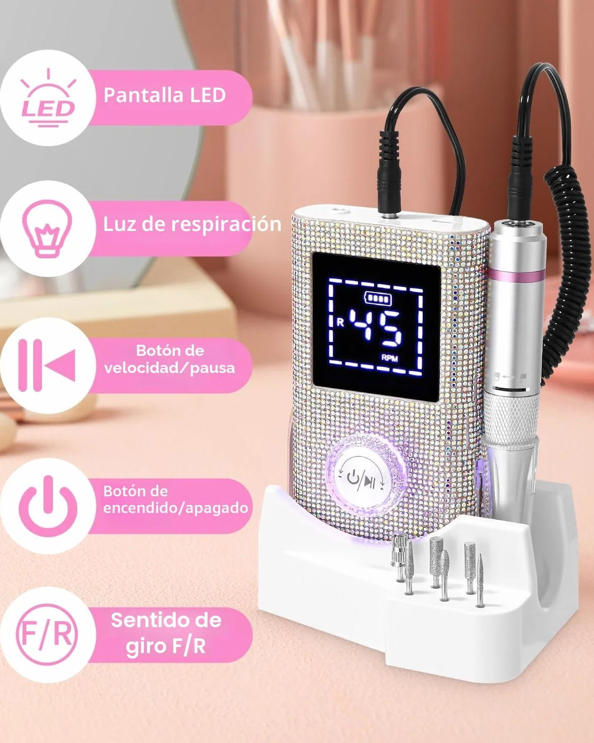 Torno para Uñas Profesional 45000 RPM,Torno de Uñas Inalambrico Pulidor Lima Electrica Uñas Portatil para Semipermanentes Acrilicas Manicura y Pedicura, Baja Vibración, Salón DIY