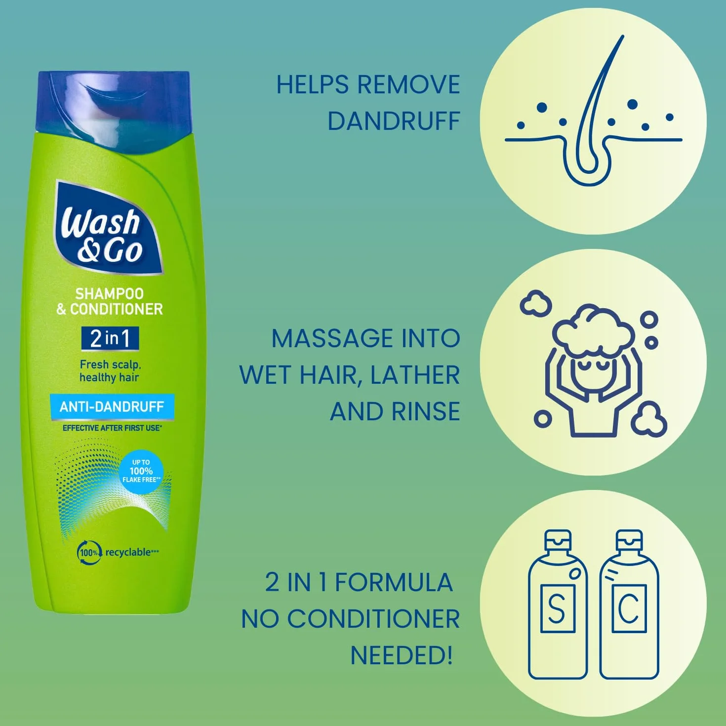 Wash & Go 2 en 1 Champú y Acondicionador Anticaspa, Paquete de 9