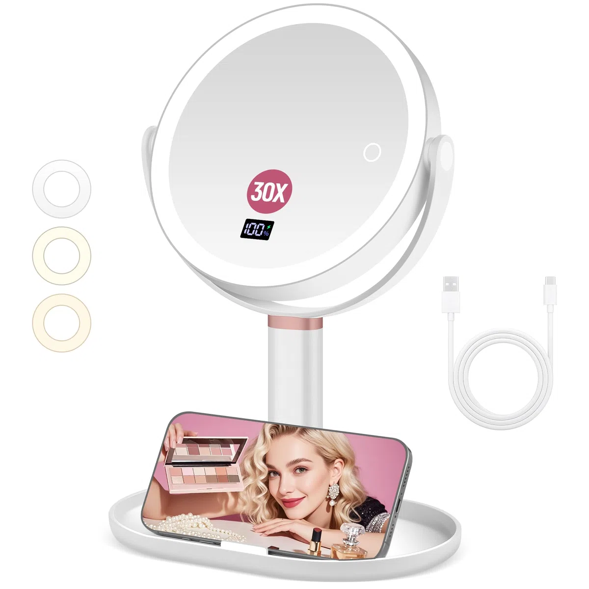 B Beauty Planet Espejo Maquillaje con Luz, 30X/1X Espejo Aumento con Luz, Doble Cara, Espejo de Maquillaje Iluminado Pinzas, 3 Modos de Color con Brillo y Altura Ajustable (Blanco)