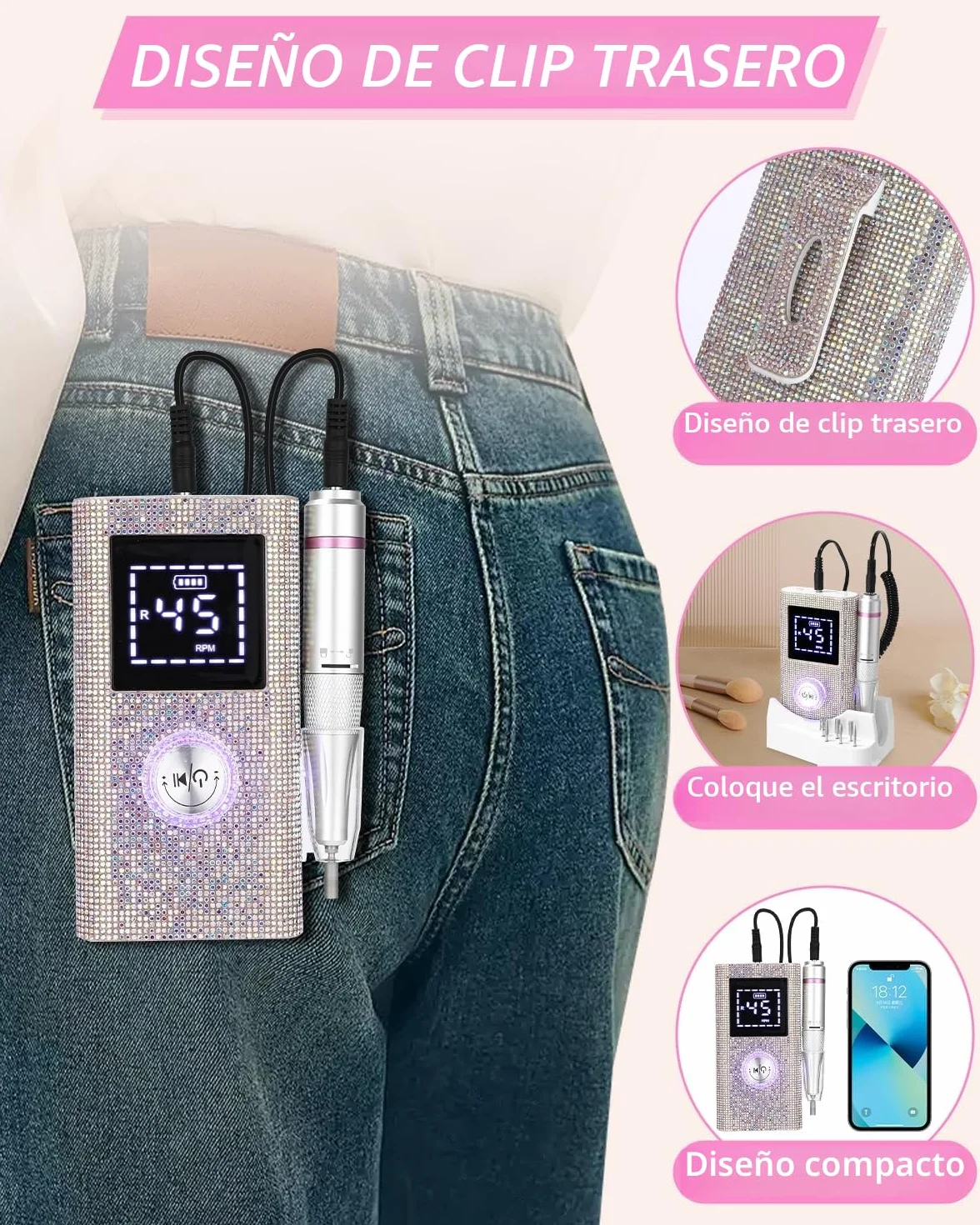 Torno para Uñas Profesional 45000 RPM,Torno de Uñas Inalambrico Pulidor Lima Electrica Uñas Portatil para Semipermanentes Acrilicas Manicura y Pedicura, Baja Vibración, Salón DIY