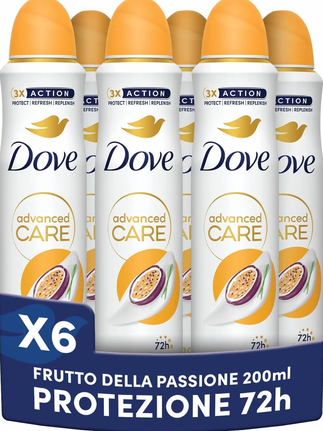 Dove Desodorante en spray Advanced Care Go Fresh Passion Fruit, con fórmula hidratante y delicada con la piel, sin alcohol, piel seca hasta 72 horas, desodorante para hombre y mujer, 6 unidades de 200