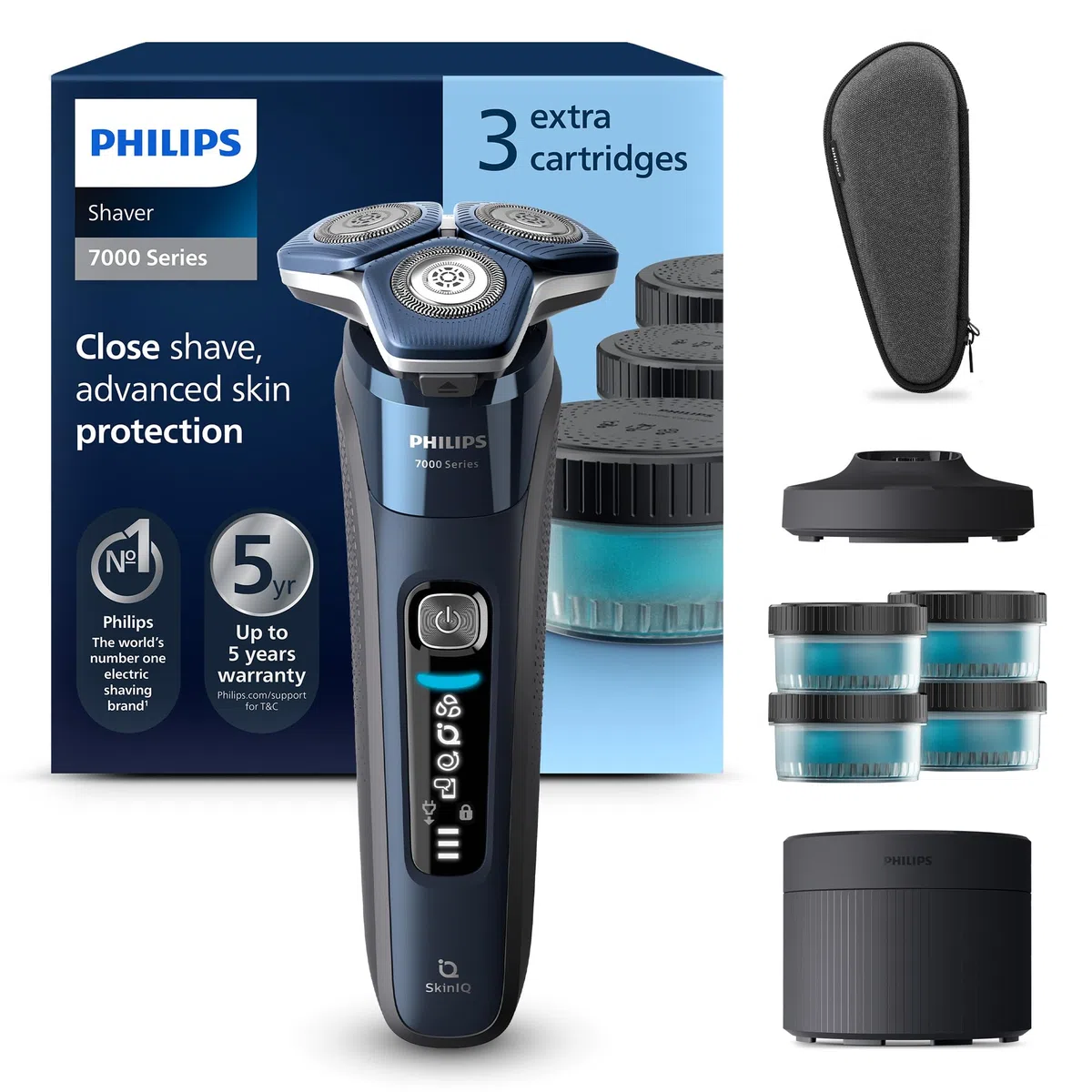 Philips Serie 7000 Afeitadora Eléctrica Hombre, Máquina de Afeitar Barba con Recortadora, 60min de uso, En Seco y Húmedo, Recargable, Centro de Limpieza, Base Carga, 4 Cartuchos, S7885/63, Azul