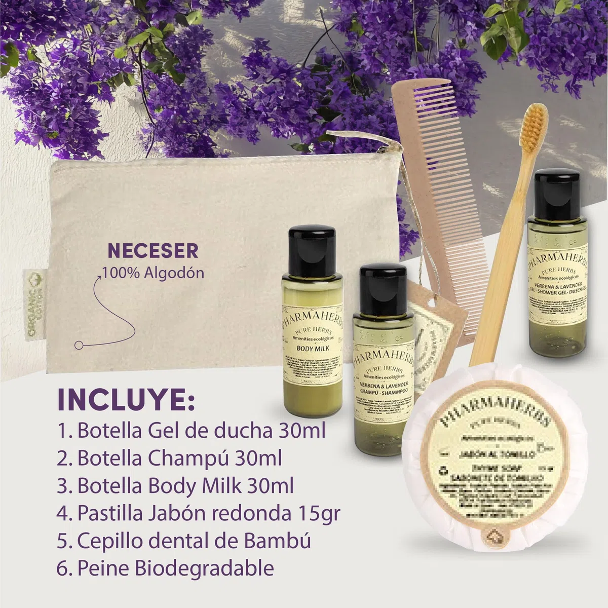 Pack de 50 Kits Completo en Neceser de Algodón - Incluye Gel, Champú, Body Milk, Jabón, Cepillo Dental de Bambú y Peine Biodegradable, Ideal para Hoteles y Viajes