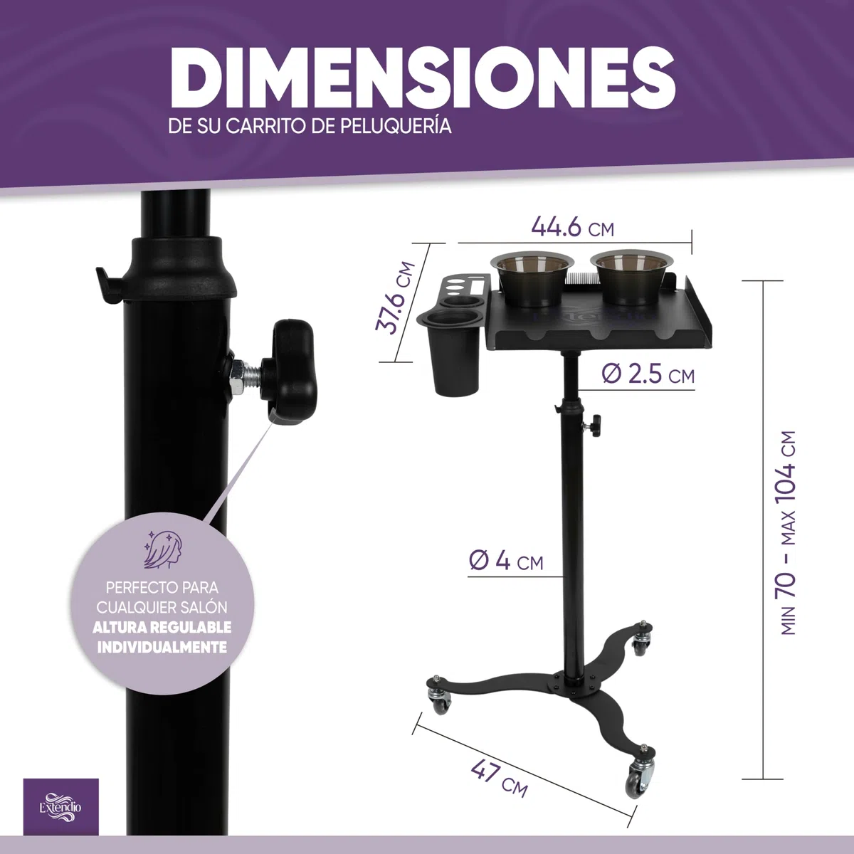 Carrito de peluquería Profesional – móvil y Ajustable en Altura. Bandejas Resistentes al Calor, Cuencos magnéticos y Soporte para Extensiones – Ideal para Salones de Belleza y estilistas móviles