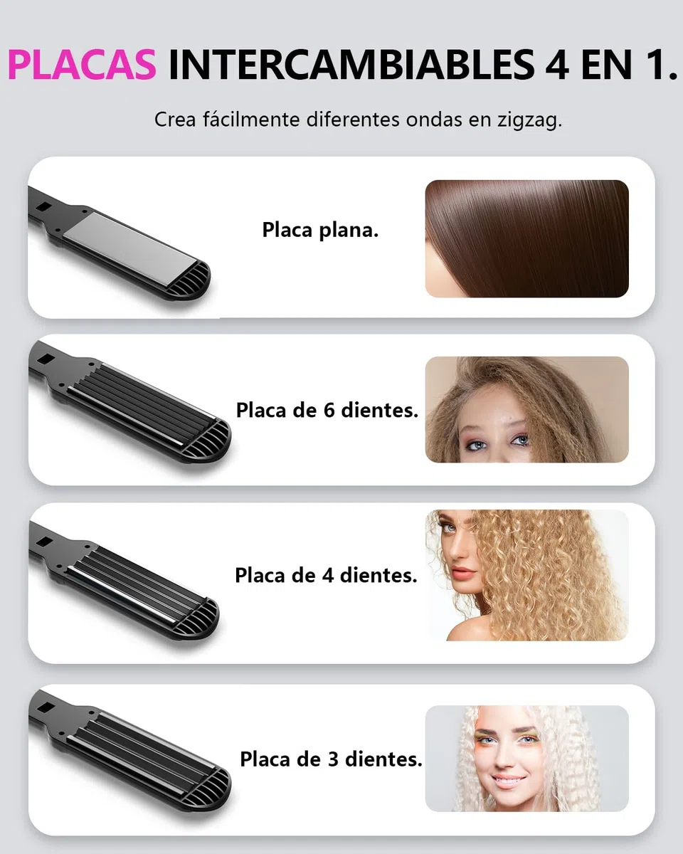 Plancha de crimpar, Beach Waves Plancha Ondas para Grandes Rizos con 4 Placas Intercambiables de CeráMica Rulos Ondulados Instantáneos Hair Straightener Fast Heating for All Hair Types