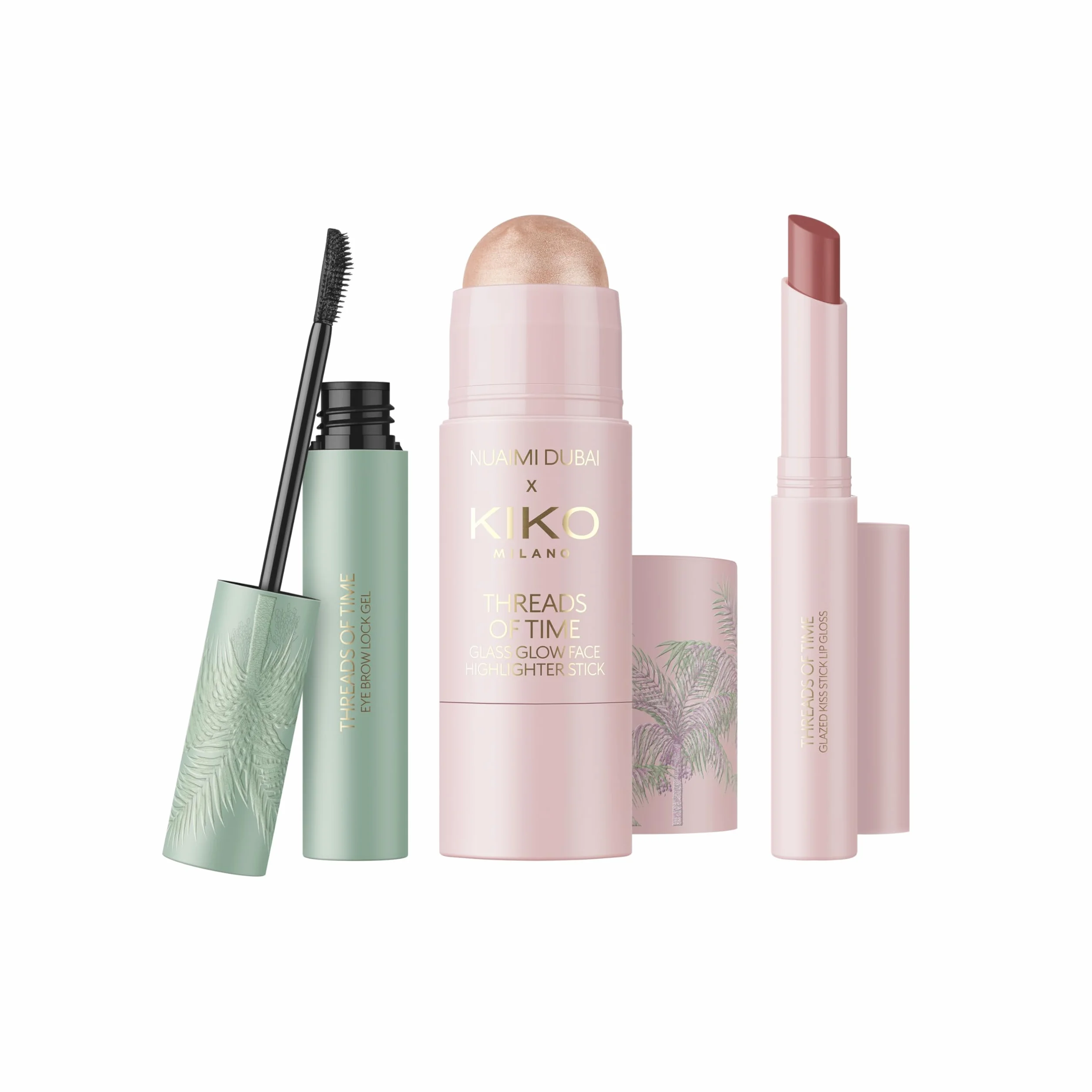 KIKO Milano Threads Of Time Glass Glow Icons Make Up Kit, Kit De Maquillaje De Regalo: Iluminador En Stick, Cera Para Cejas Y Brillo En Stick