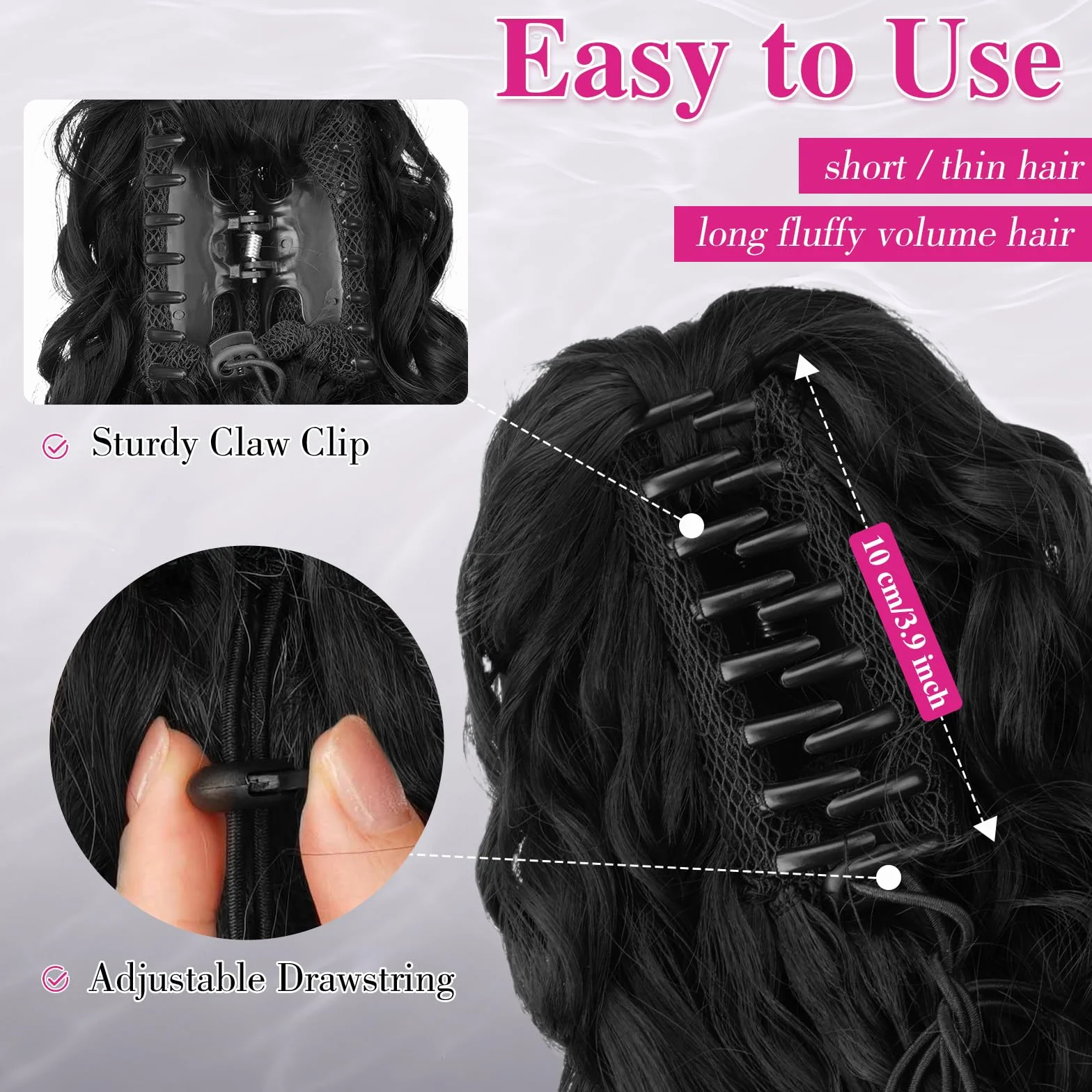 FESHFEN Coletas Postizas Rizado con Pinza - Coleta Postiza Pelo Negro Natural Ondulado Larga Ponytail Clip de Extensiones de Cabello Sintético Cola Postizos para Mujeres, 65 cm