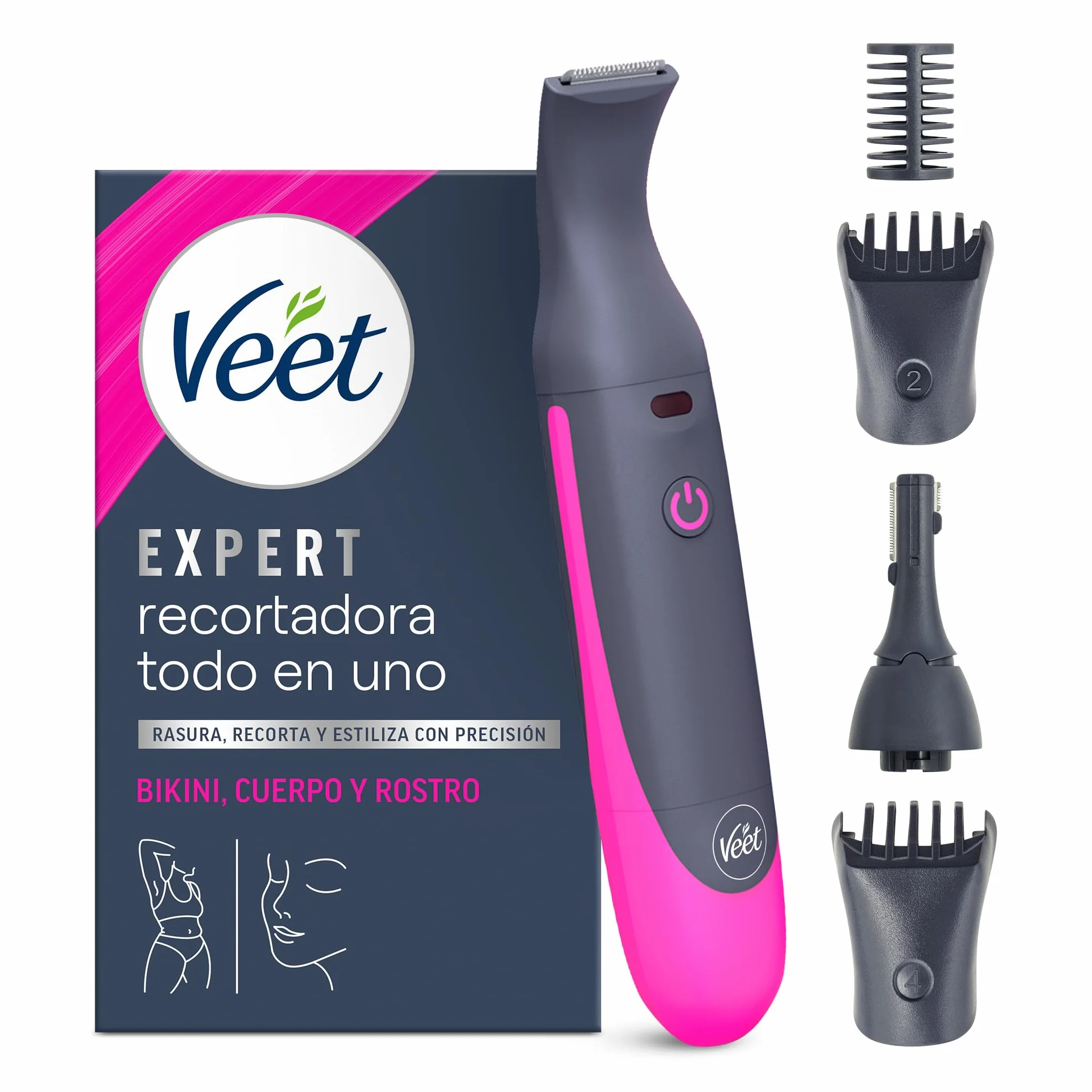 Veet Recortadora Todo en Uno, Bikini y Cuerpo Completo, Cara y Cejas, Rasuradora Mujer Zona Íntima Resistente al Agua, Con 2 Cabezales y 4 Peines para precisión, con Cargador USB