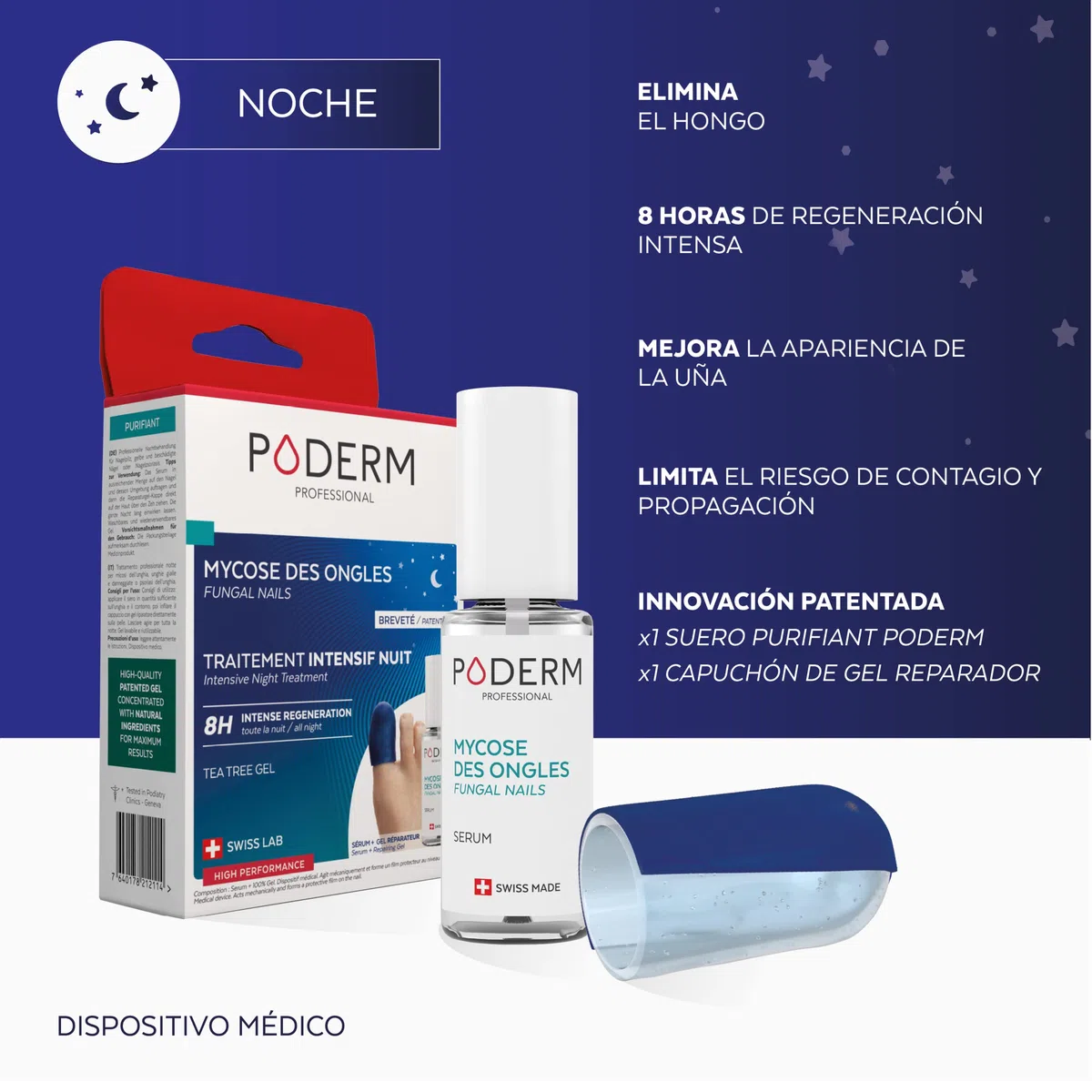 PODERM – HONGOS UÑAS PIES TRATAMIENTO PROFESIONAL DE NOCHE INTENSIVO 2 en 1 – Elimina la micosis | VEGANO | pies/manos | Fácil y rápido | Swiss Made
