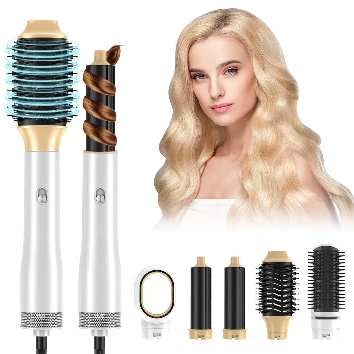 Cepillo de Aire Caliente, Air Styler 5 en 1, Cepillo Alisador Pelo, Cepillo Secador de Pelo, 5 Cabezales Intercambiables, 3 Temperaturas, Peinados Rápidos, para Seca Alisa (Oro blanco)