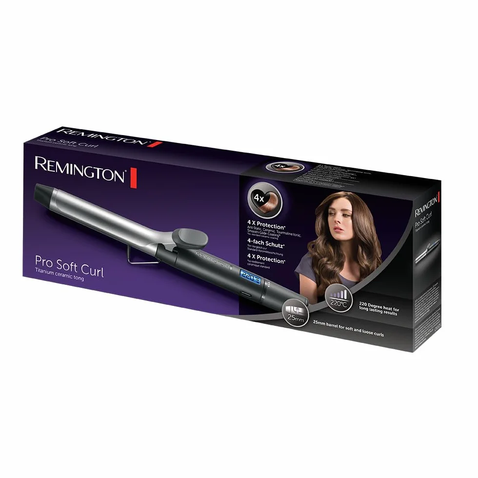 Remington Rizador y Ondulador de Pelo Pro Soft Curl, con Pinza de 25 mm, Crea Rizos Suaves y Sueltos, Cerámica con Titanio, Turmalina, Protección y Brillo, 10 Temperaturas hasta 220°C
