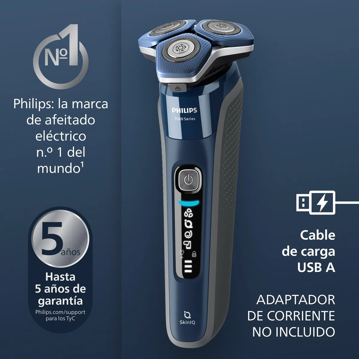 Philips Serie 7000 Afeitadora Eléctrica Hombre, Máquina de Afeitar Barba con Recortadora, 60min de uso, En Seco y Húmedo, Recargable, Centro de Limpieza, Base Carga, 4 Cartuchos, S7885/63, Azul