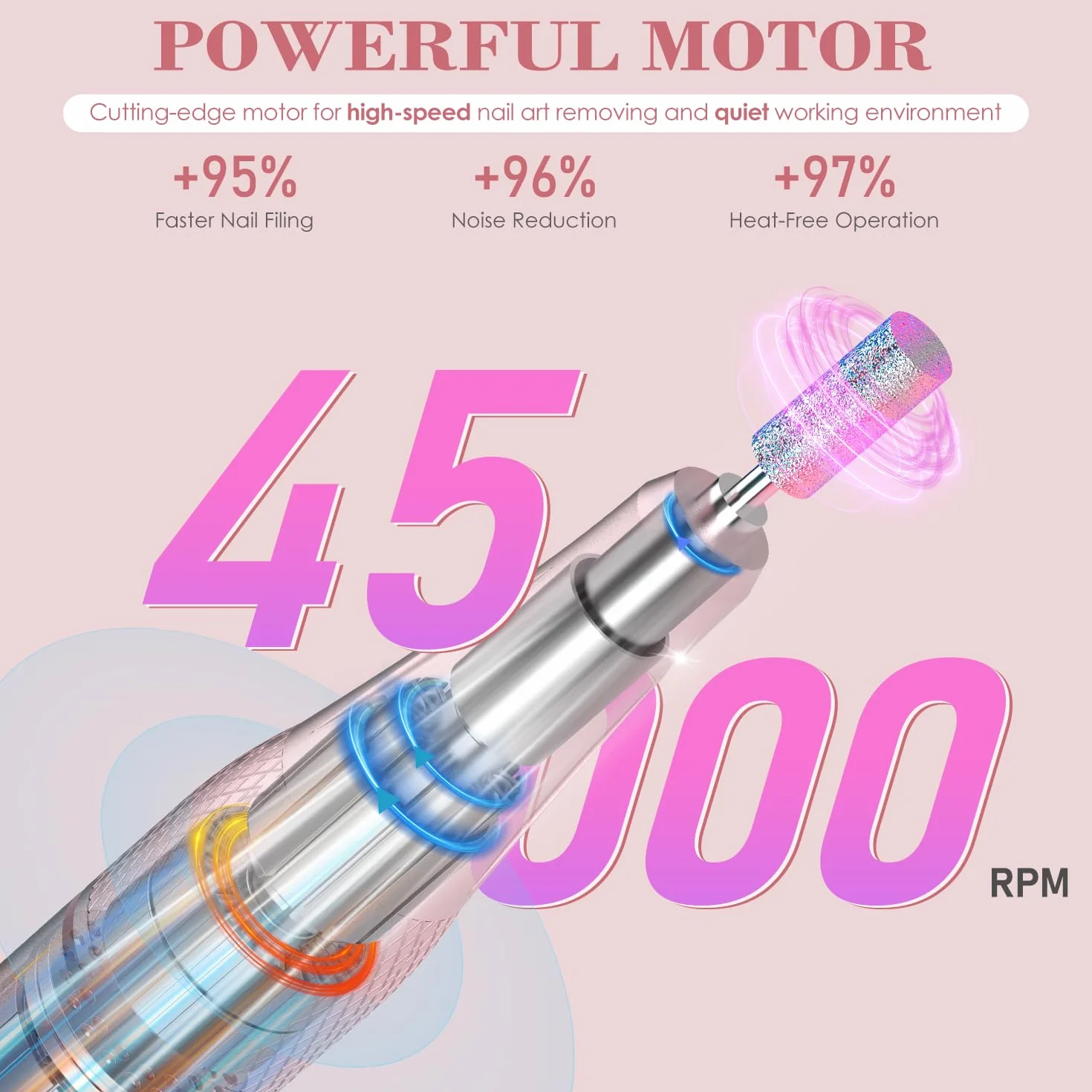 45,000 RPM Torno para Uñas Eléctricos, Lima Electrica Uñas Profesional, Pedicura, Pulido y Eliminación de gel de Uñas Acrílicas, para Uso Doméstico Salones de Uñas, Rosa