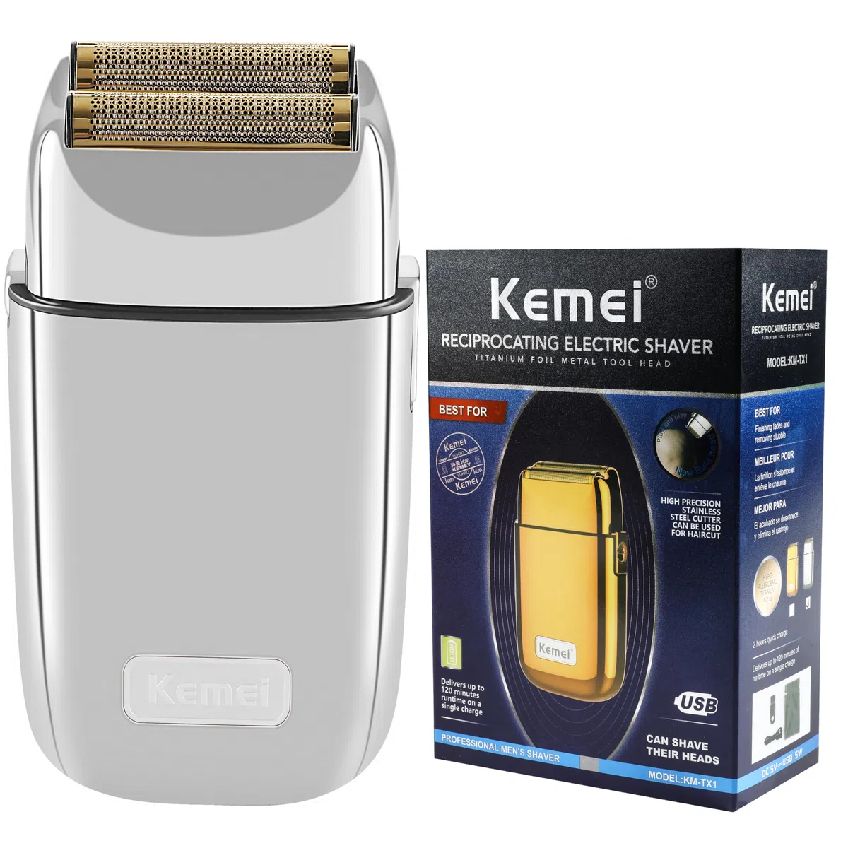 Kemei Máquina de Afeitar TX1, Cerrar Afeitadora Eléctrica Hombre, EasyClean,Tipo C Recargable para Afeitado Húmedo/Seco, Plateado