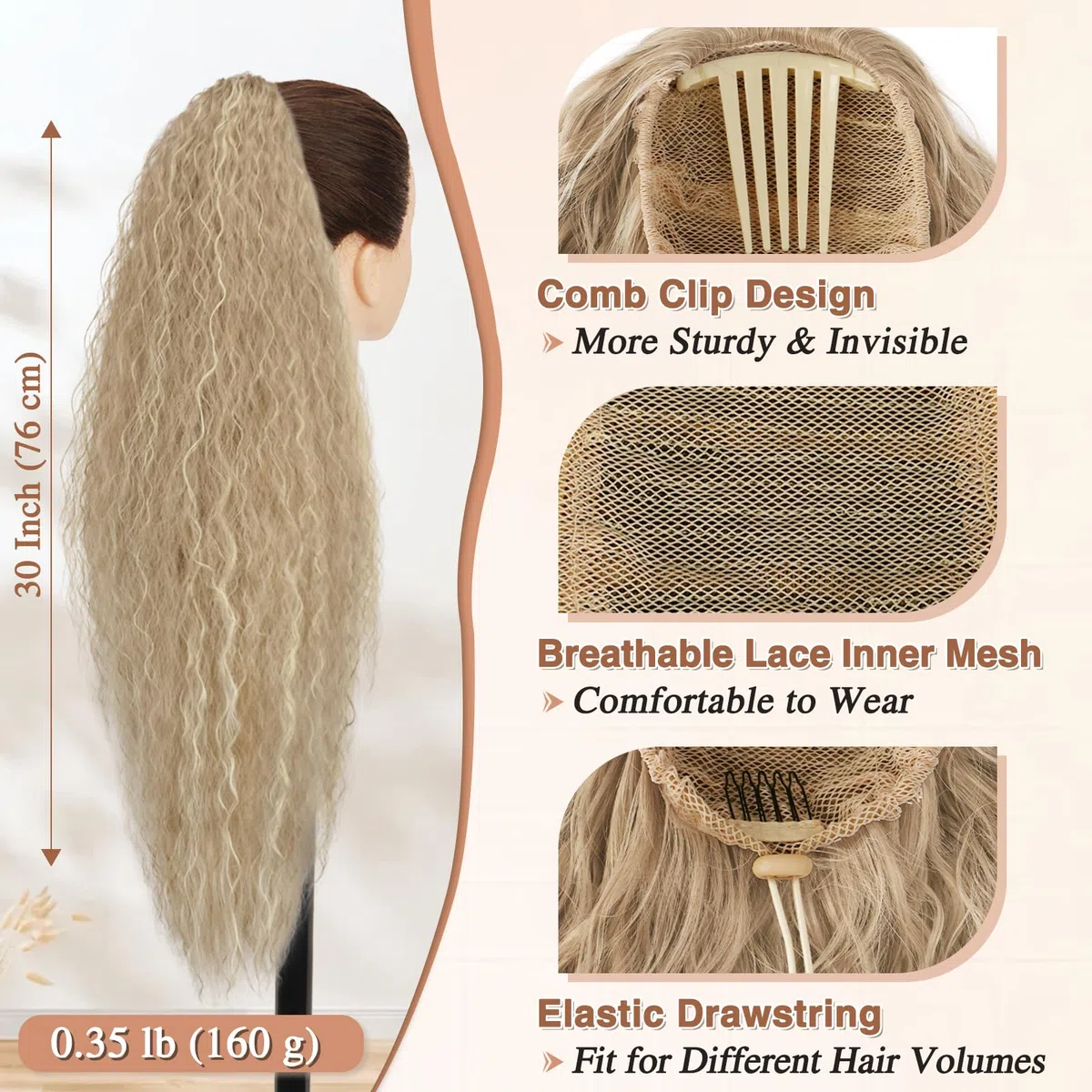 BARSDAR Coleta Postiza Pelo Natural con Cordón, 76cm Largo Cola de Caballo Extensiones Sintético Peine Clip in Extensiones Coleta Postizos para Mujer Bohemian Claro Ceniza Rubio Ponytail Extension